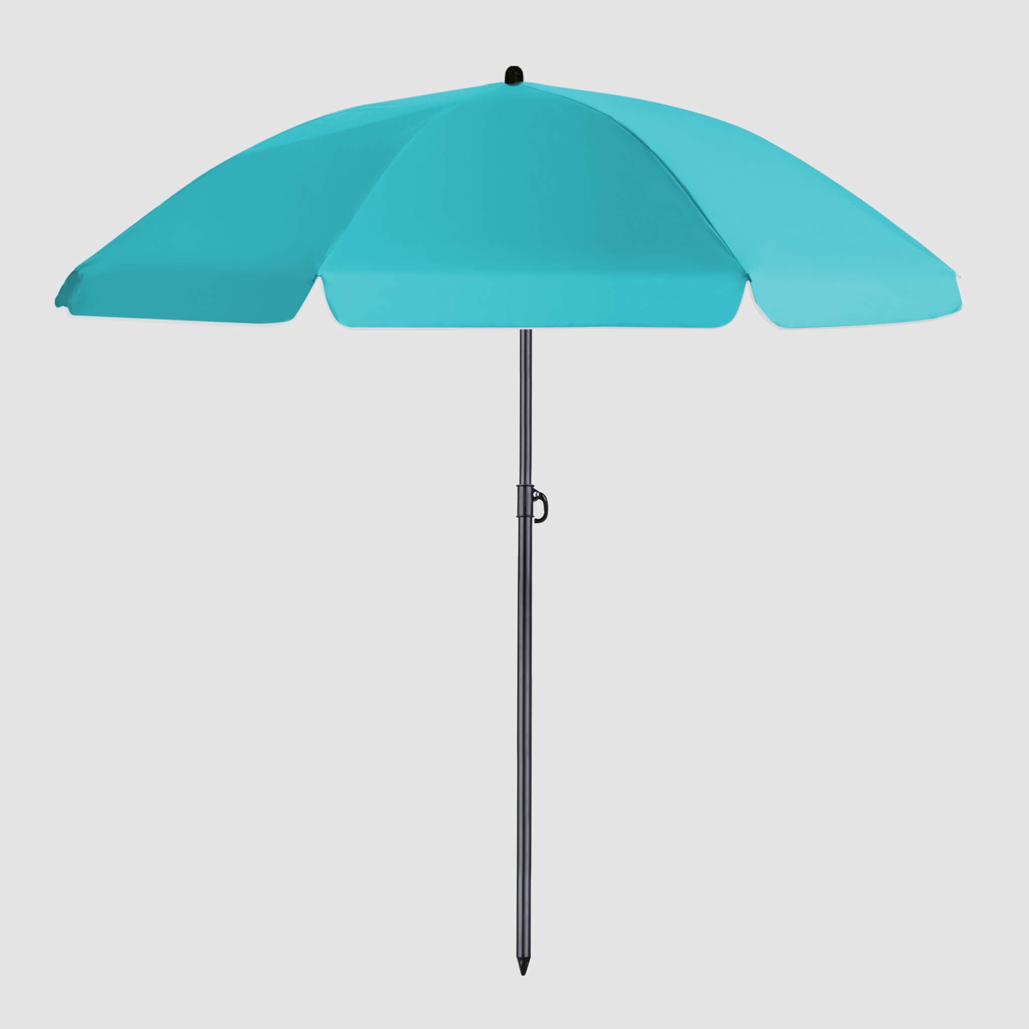 High-quality, durable Turquoise beach umbrella Front view shows the entire umbrella and the black pole