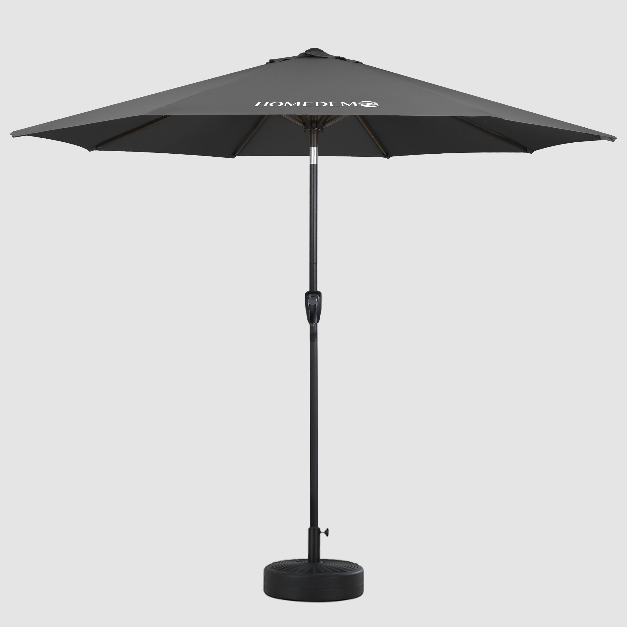 High quality and durability as seen from the front Dark Grey patio umbrella with windproof cap, you can see the umbrella surface as well as the black pole.