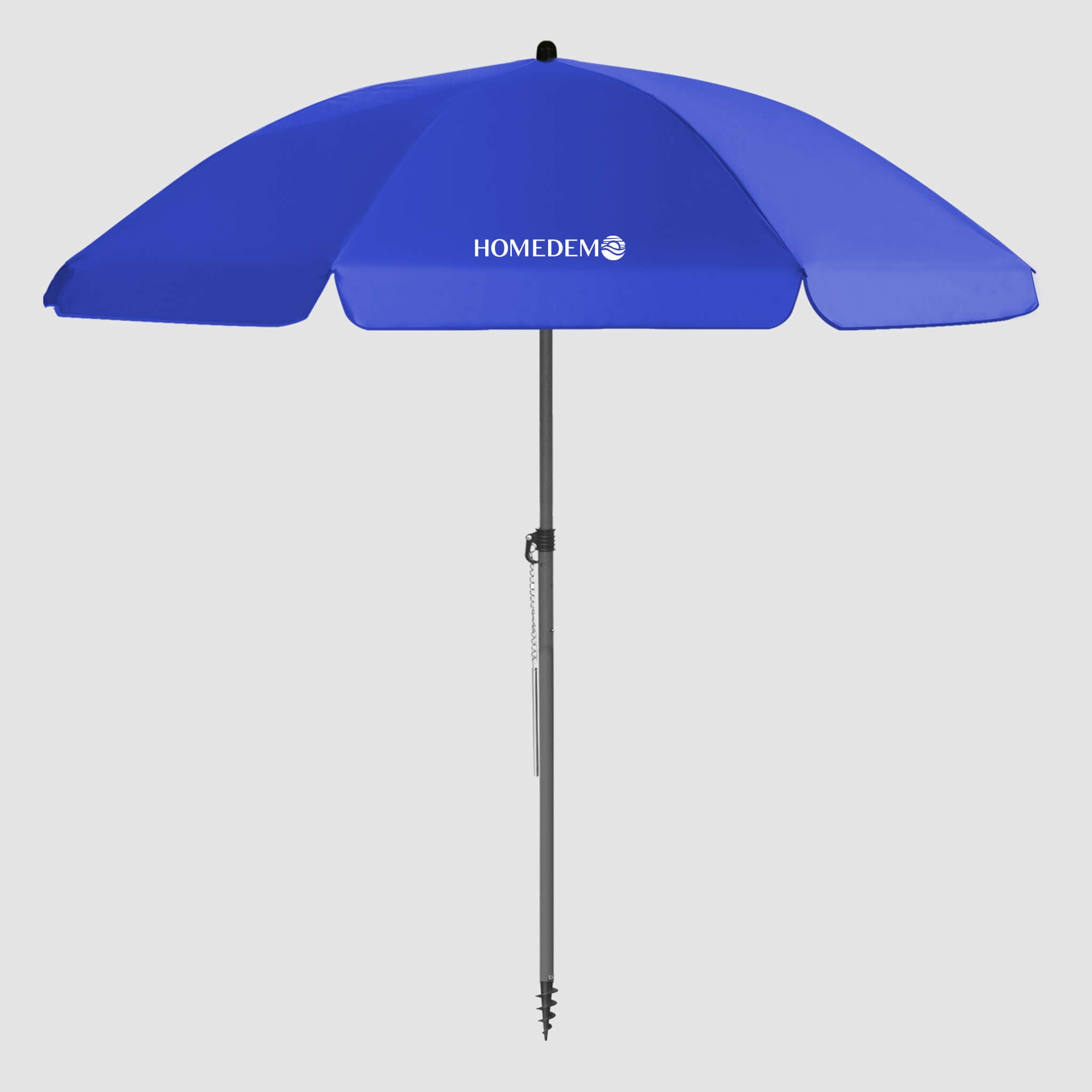 High-quality, durable Blue beach umbrella Front view shows the entire umbrella and the black pole