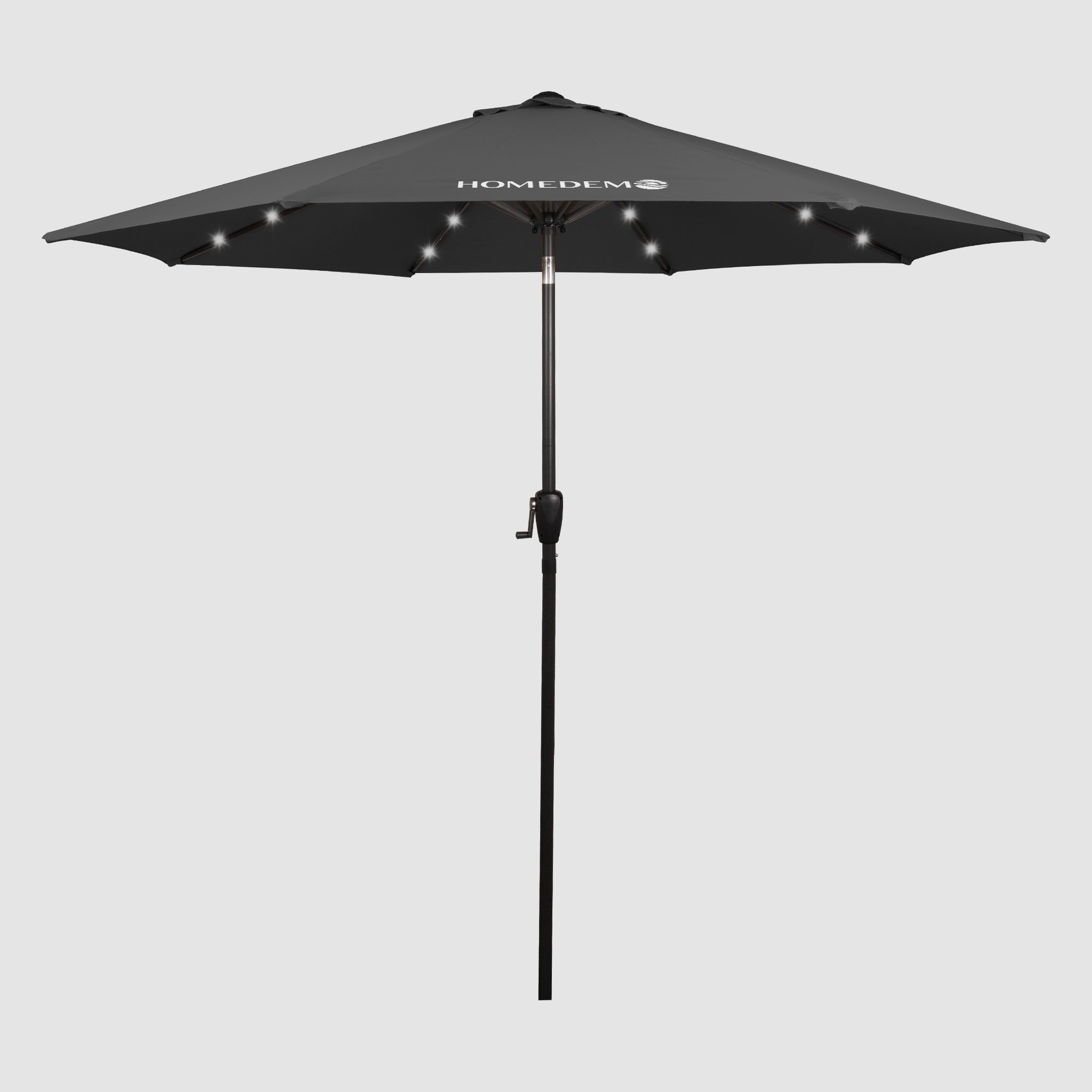 A positive view of the best black patio umbrella with the whole umbrella and the white light underneath and the black pole.