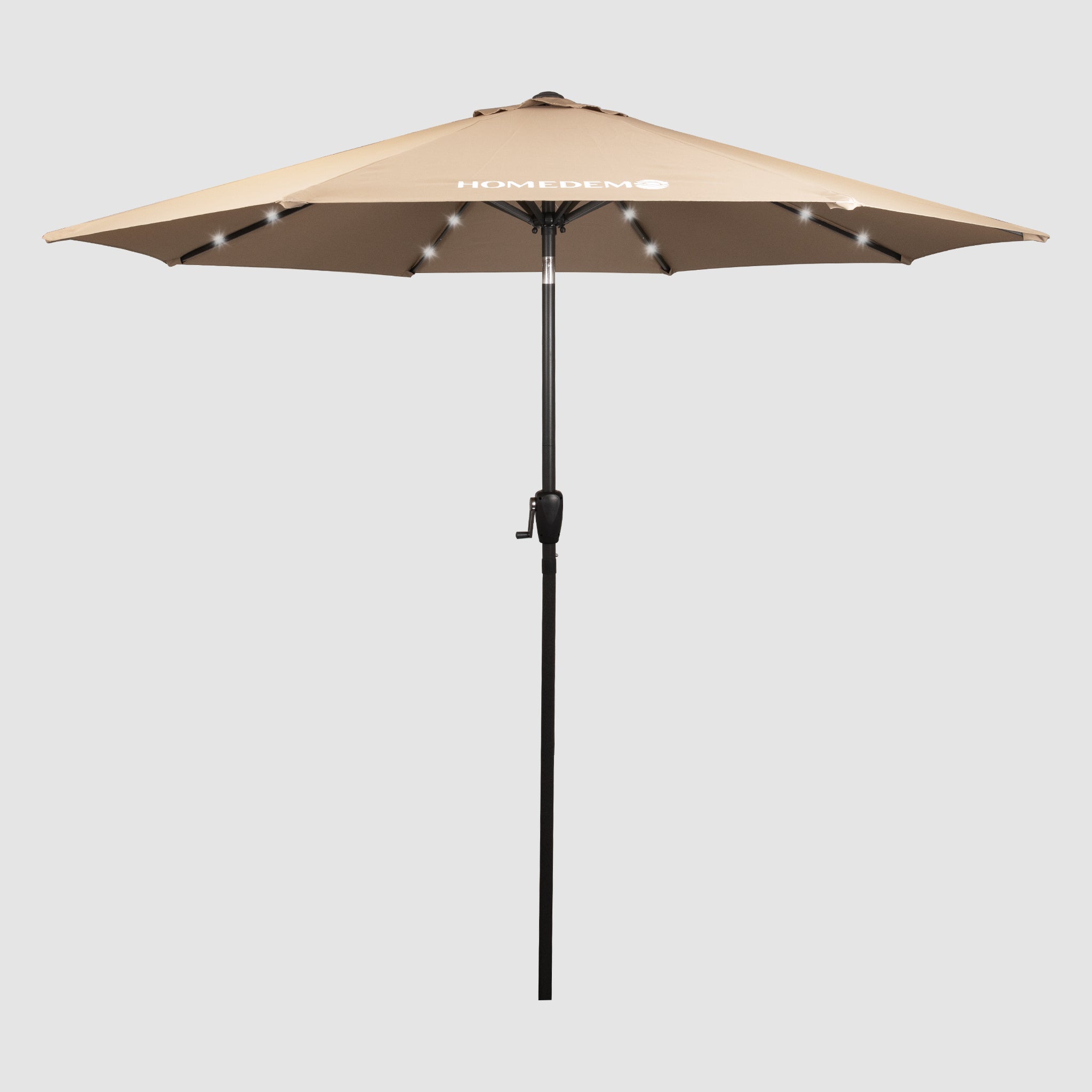 A positive view of the best khaki patio umbrella with the whole umbrella and the white light underneath and the black pole.