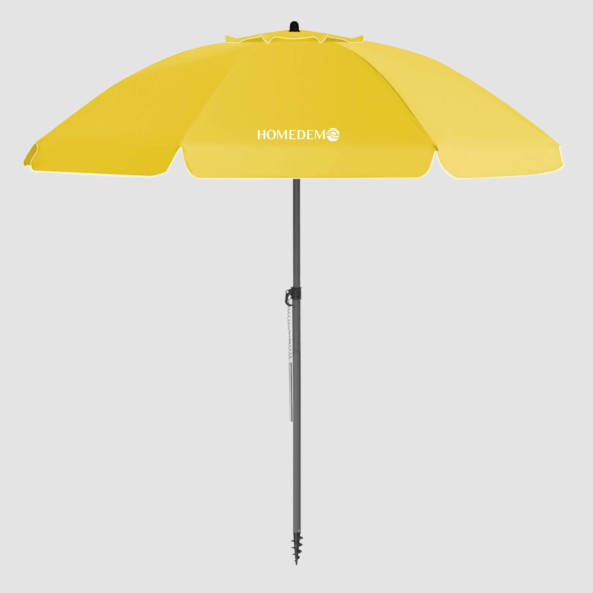 High-quality, durable Yellow beach umbrella Front view shows the entire umbrella and the black pole.