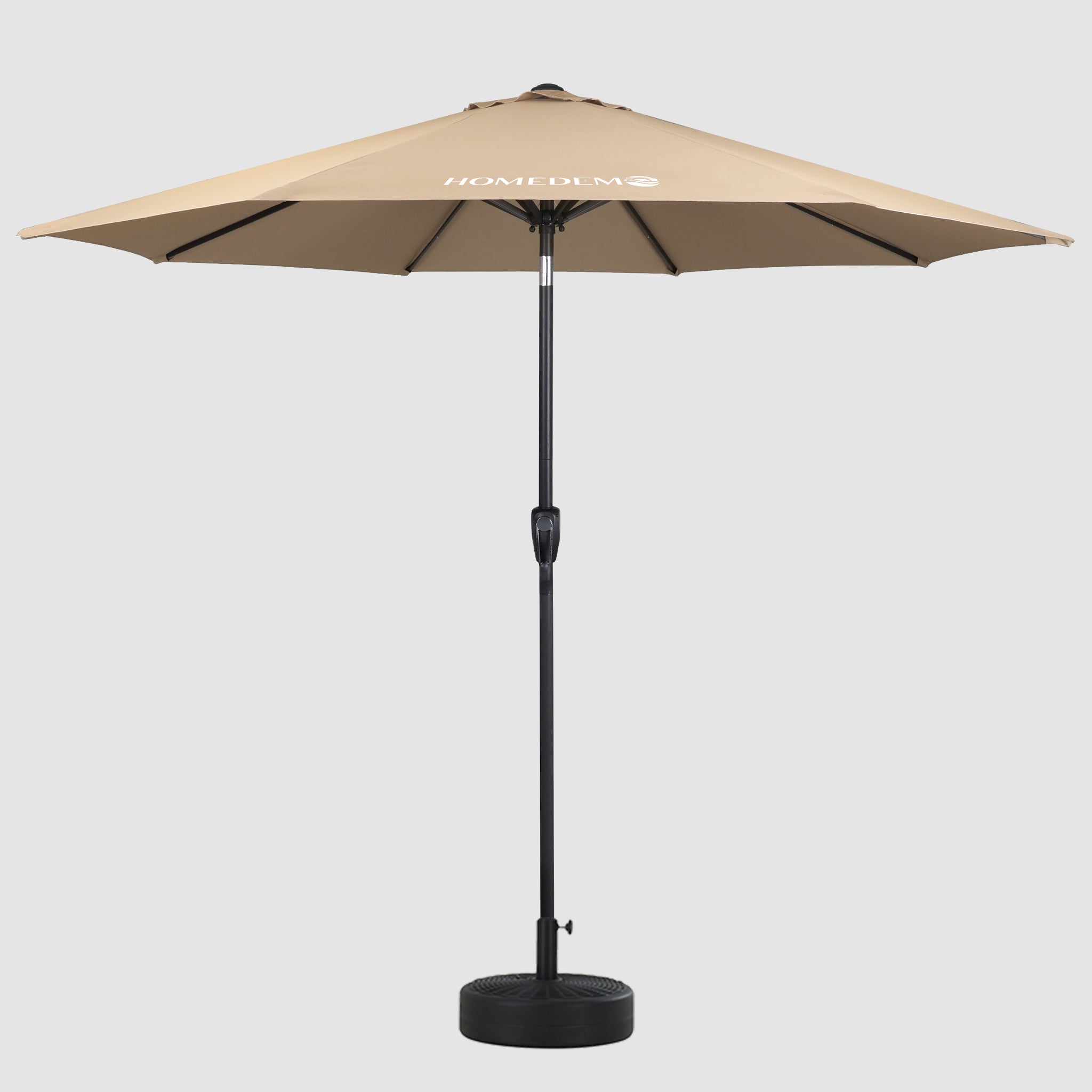 Quality and durability from the front Khaki patio umbrella with windproof cap, you can see the umbrella surface and the black pole.