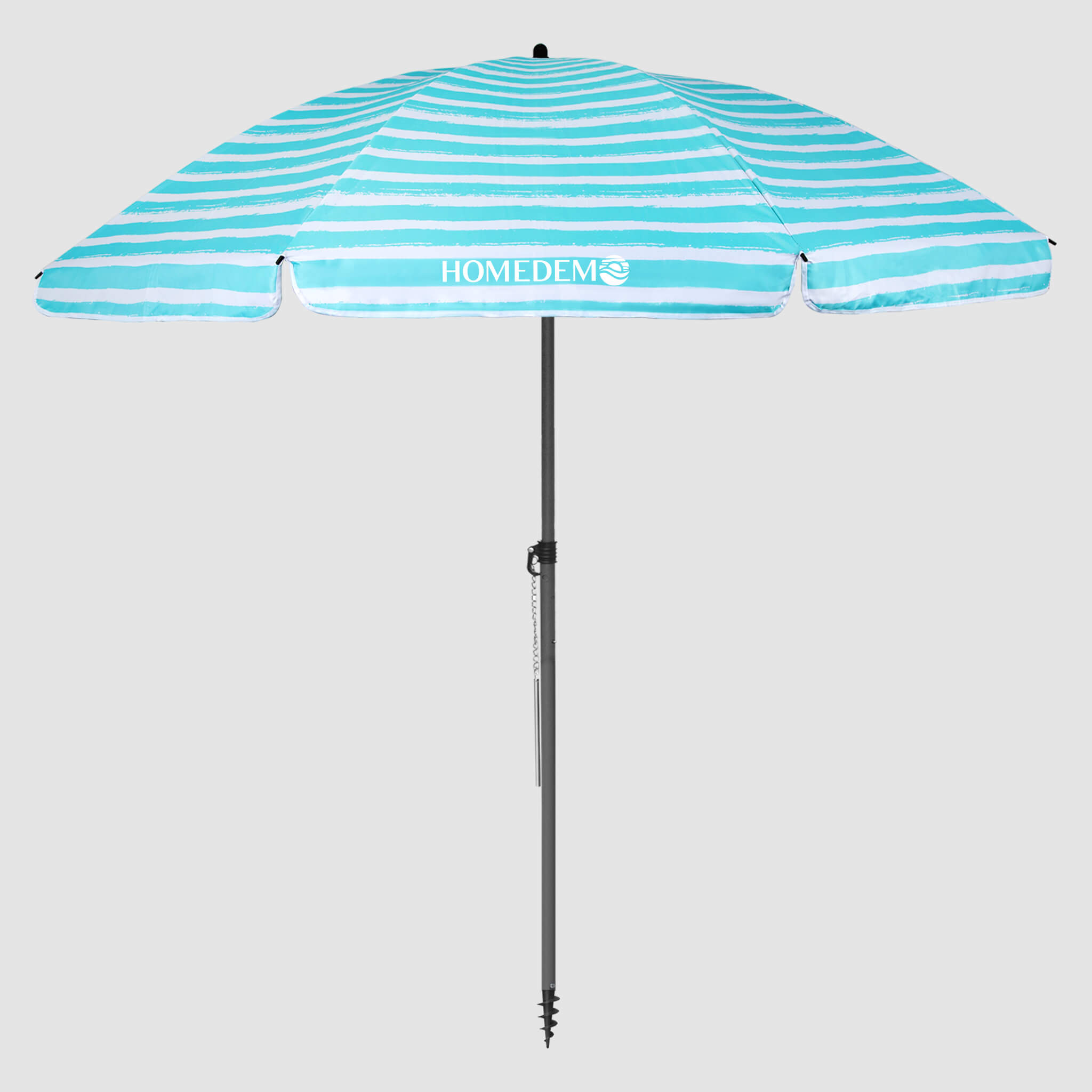 High-quality, durable Turquoise White stripes beach umbrella Front view shows the entire umbrella and the black pole