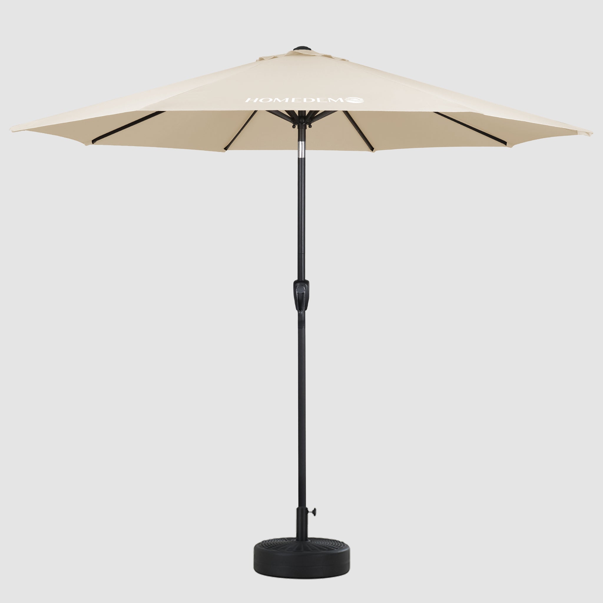 Quality and durability from the front Beige patio umbrella with windproof cap, you can see the umbrella surface and the black pole.