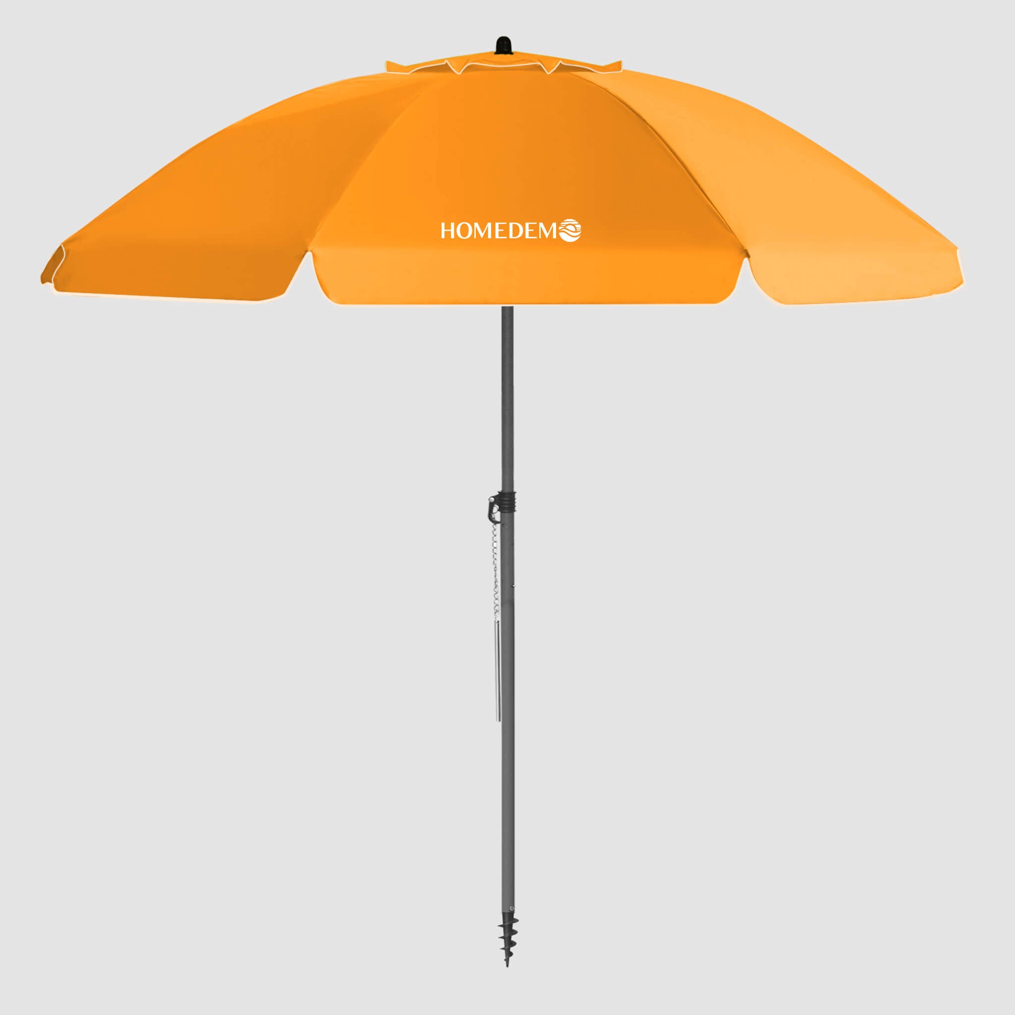 High-quality, durable Orange beach umbrella Front view shows the entire umbrella and the black pole