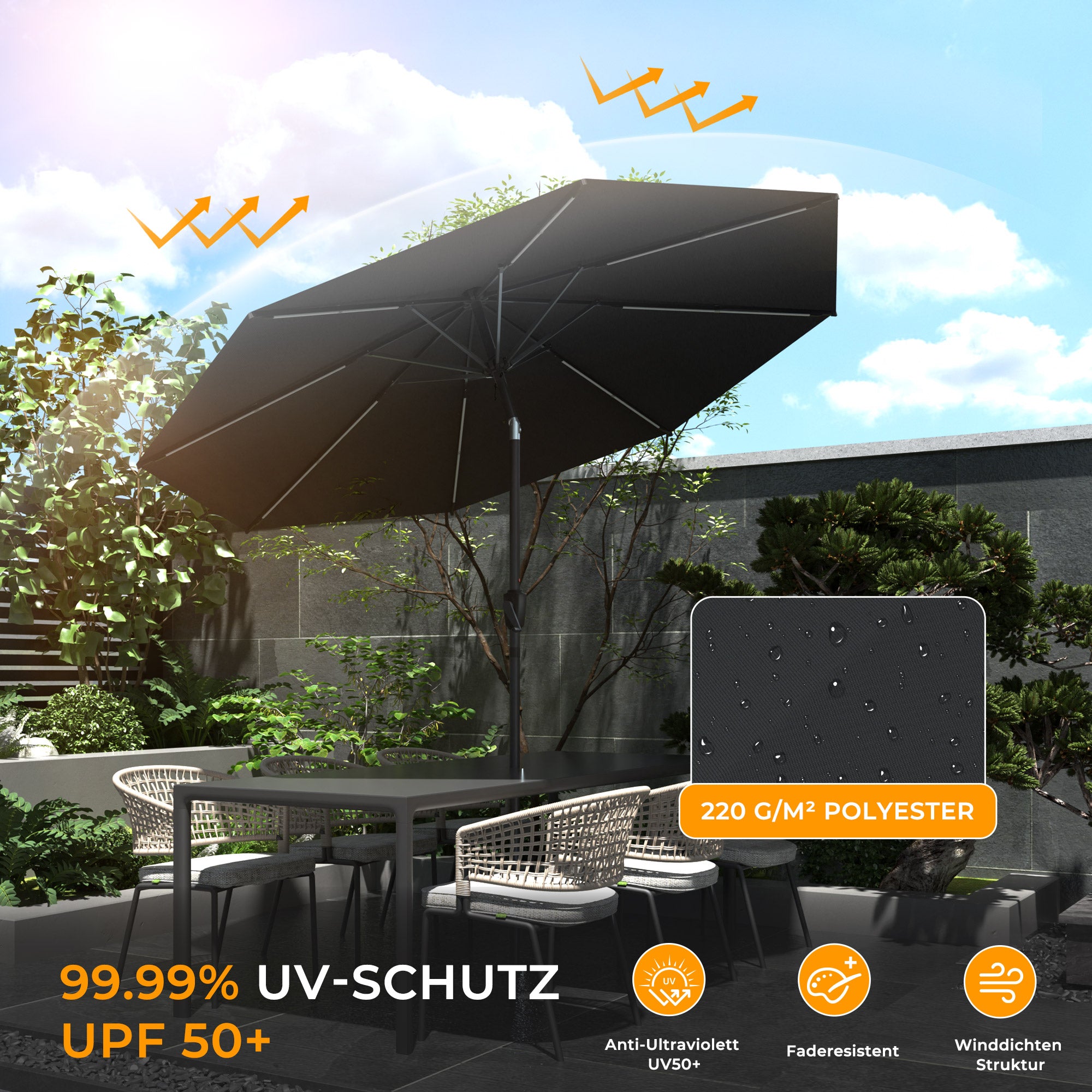 HOMEDEMO Groß Garten Sonnenschirme mit Kurbel und LED-Licht