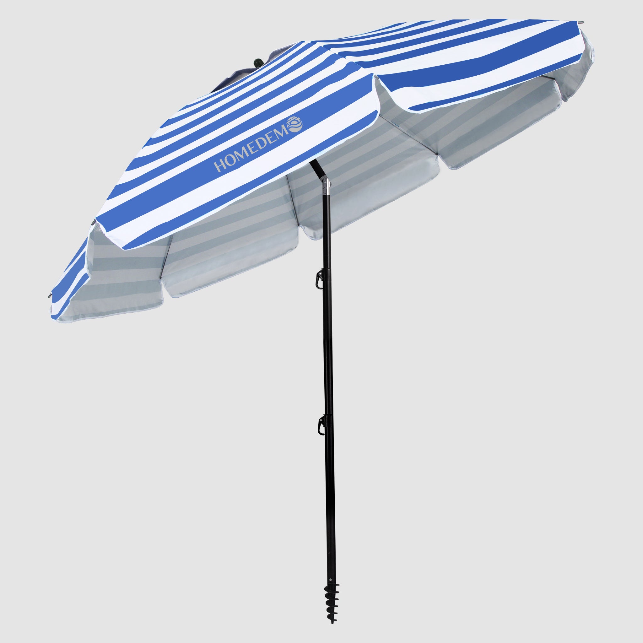 Blue-White Stripes foldable beach umbrella, high quality, sturdy and durable, the front can be tilted at an angle when unfolded.