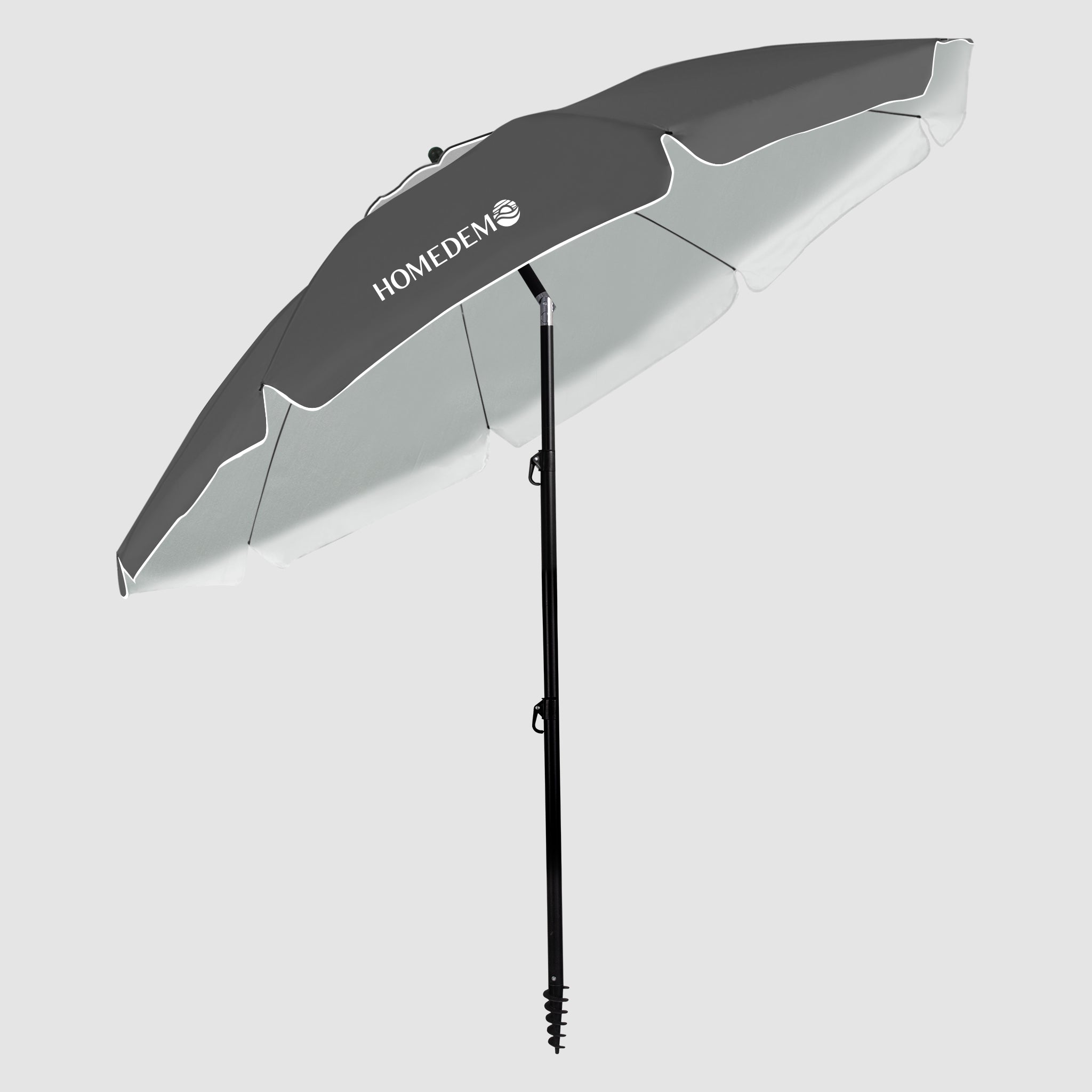Black foldable beach umbrella, high quality, sturdy and durable, the front can be tilted at an angle when unfolded.