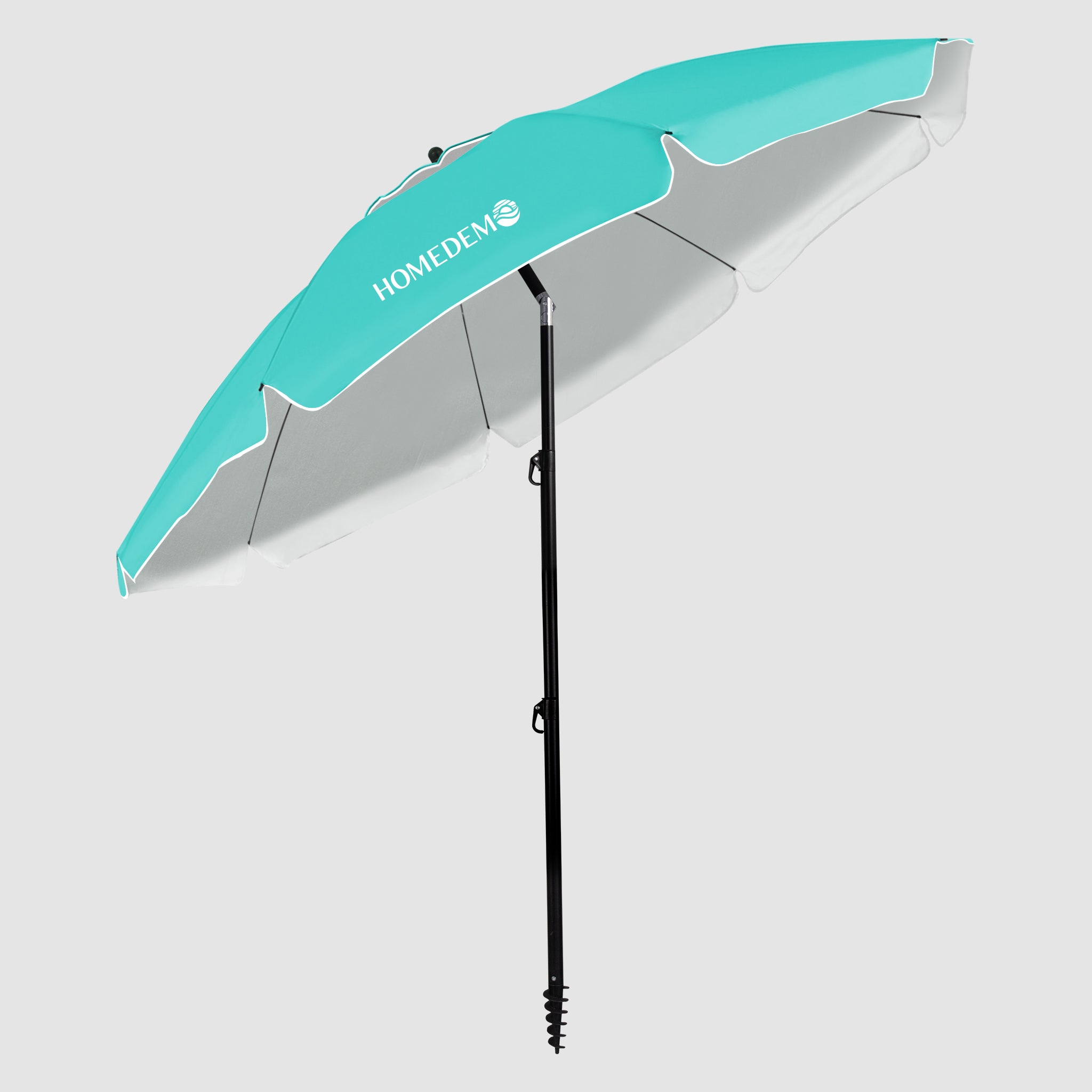 Foldable beach umbrella inTurquoise colour, high quality, sturdy, front unfolded and tilted at an angle.