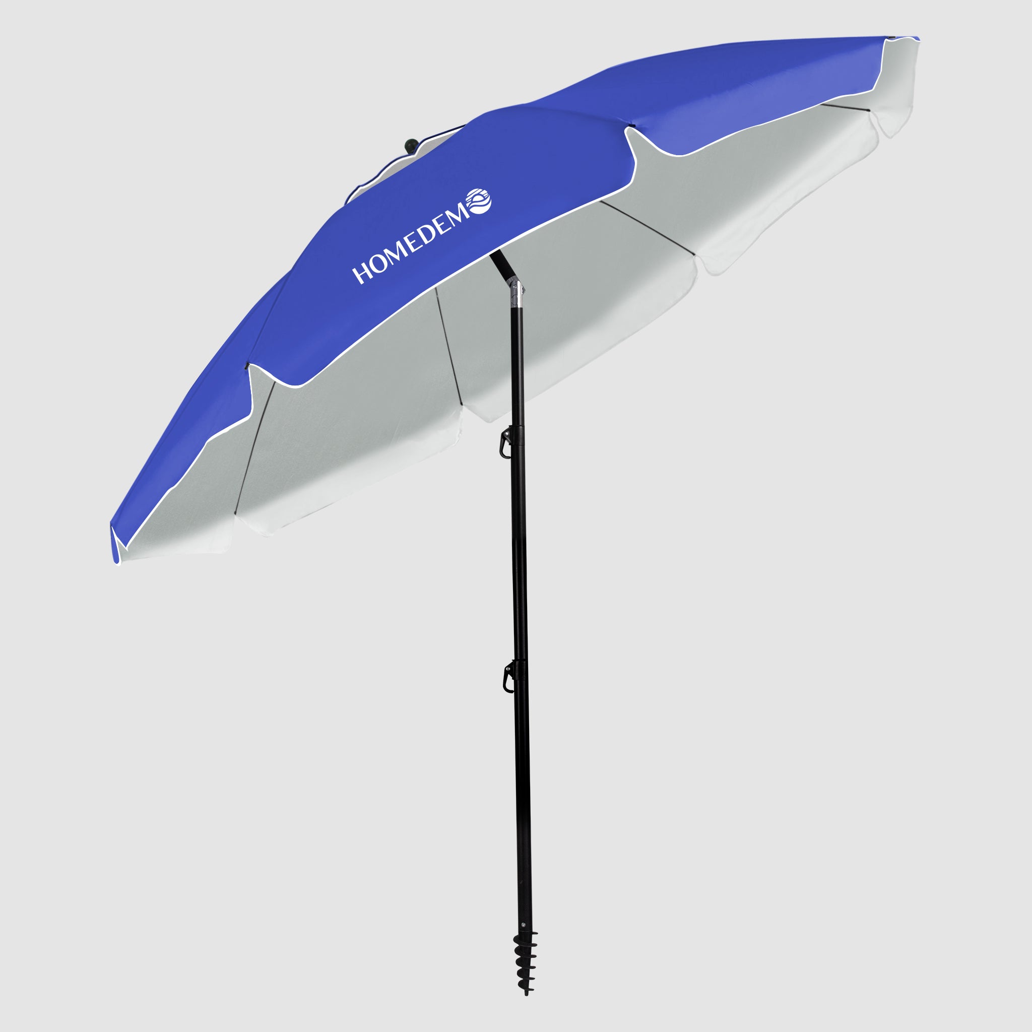 Blue foldable beach umbrella, high quality, sturdy and durable, the front can be tilted at an angle when unfolded.