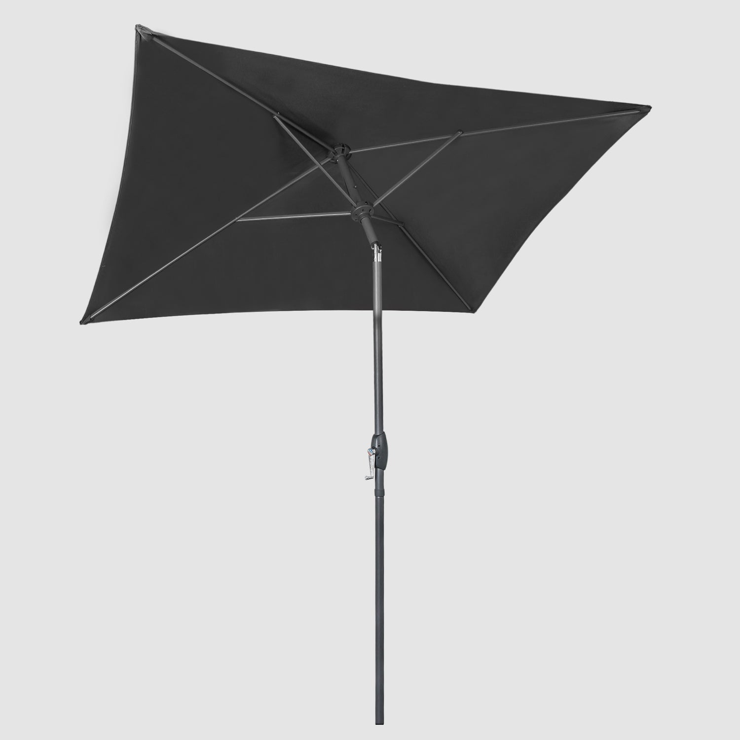 The Rectangular Patio Parasol Umbrella in black, seen from below, with the umbrella fully opened to reveal the entire underside of the umbrella and its skeleton.