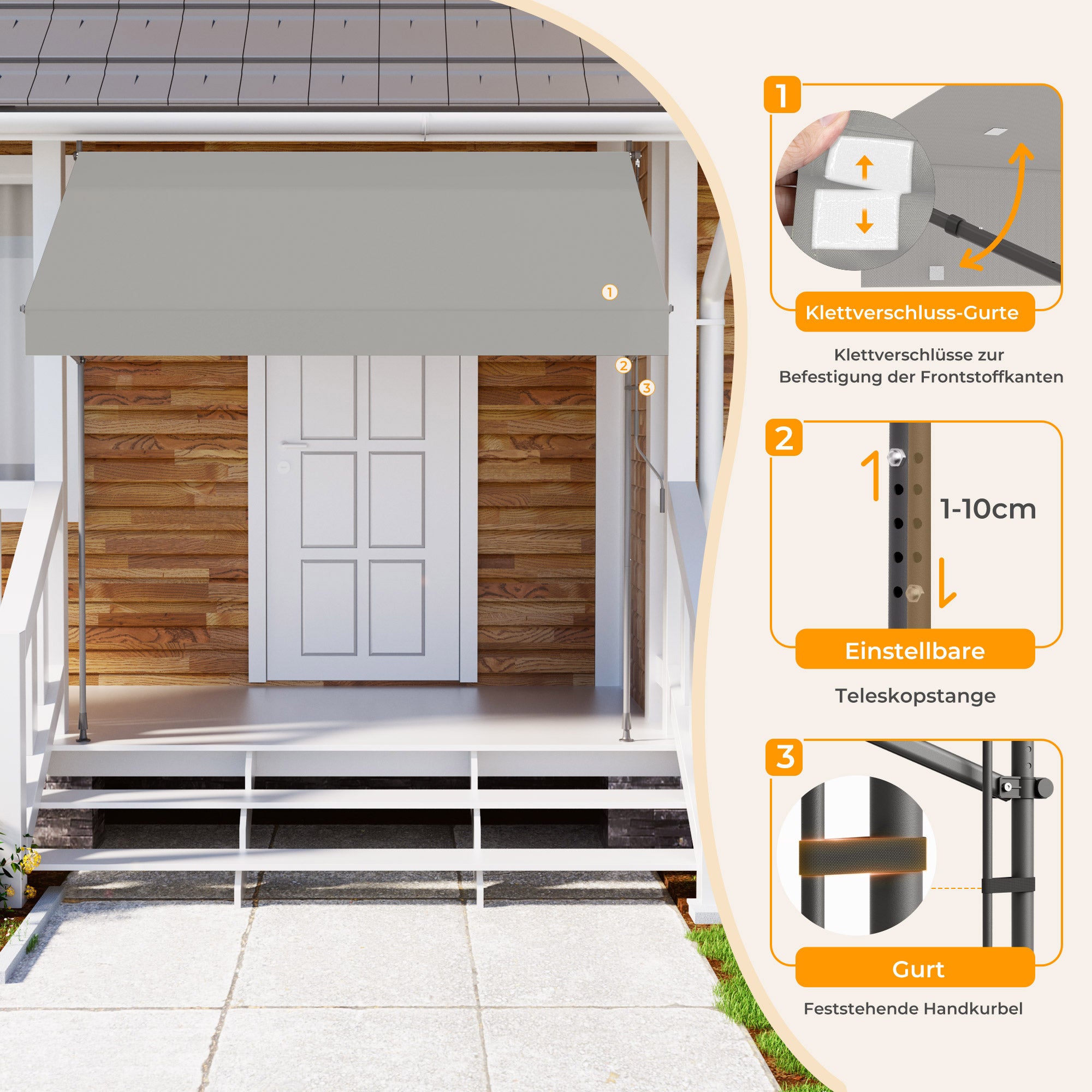 Einziehbare Klemmmarkise für Balkon mit Handkurbel manuell