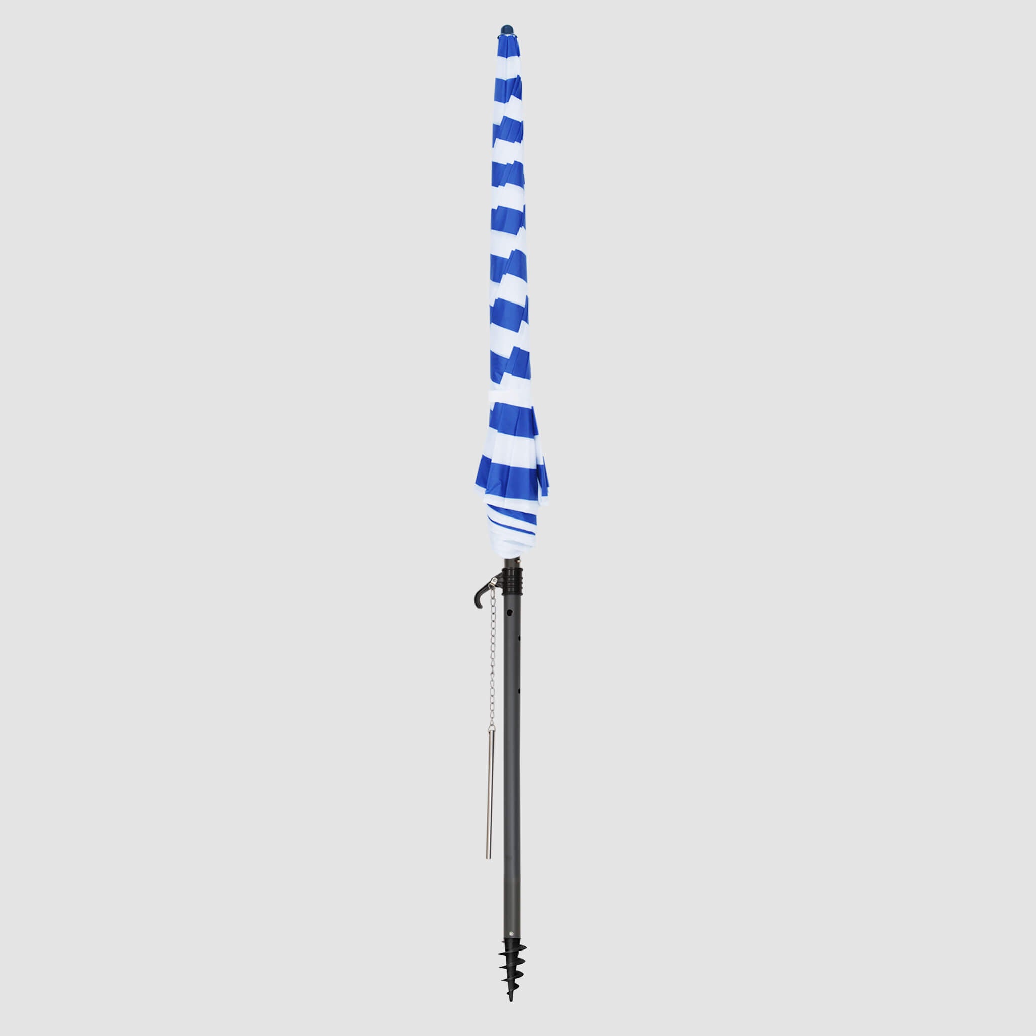 High-quality, durable Blue-White Stripes beach umbrellas Frontal view when closed up into a strip