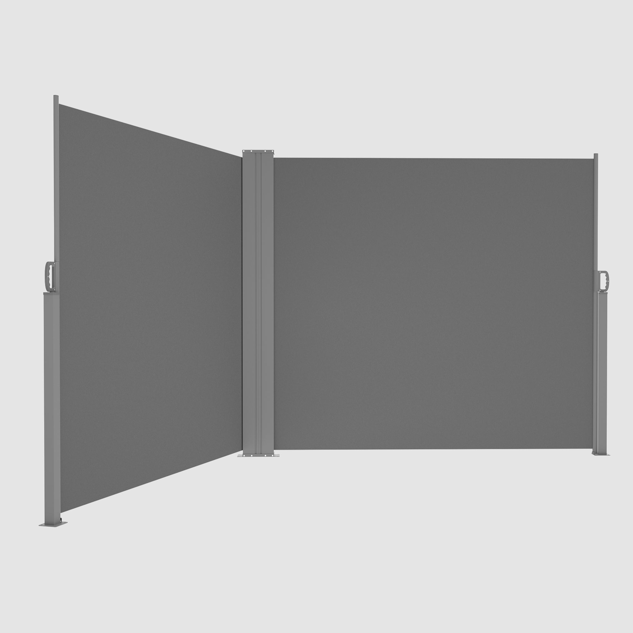 Extendable dual side-pull sliding awning that fully pulls away and folds to a tilt angle when viewed from the inside front.