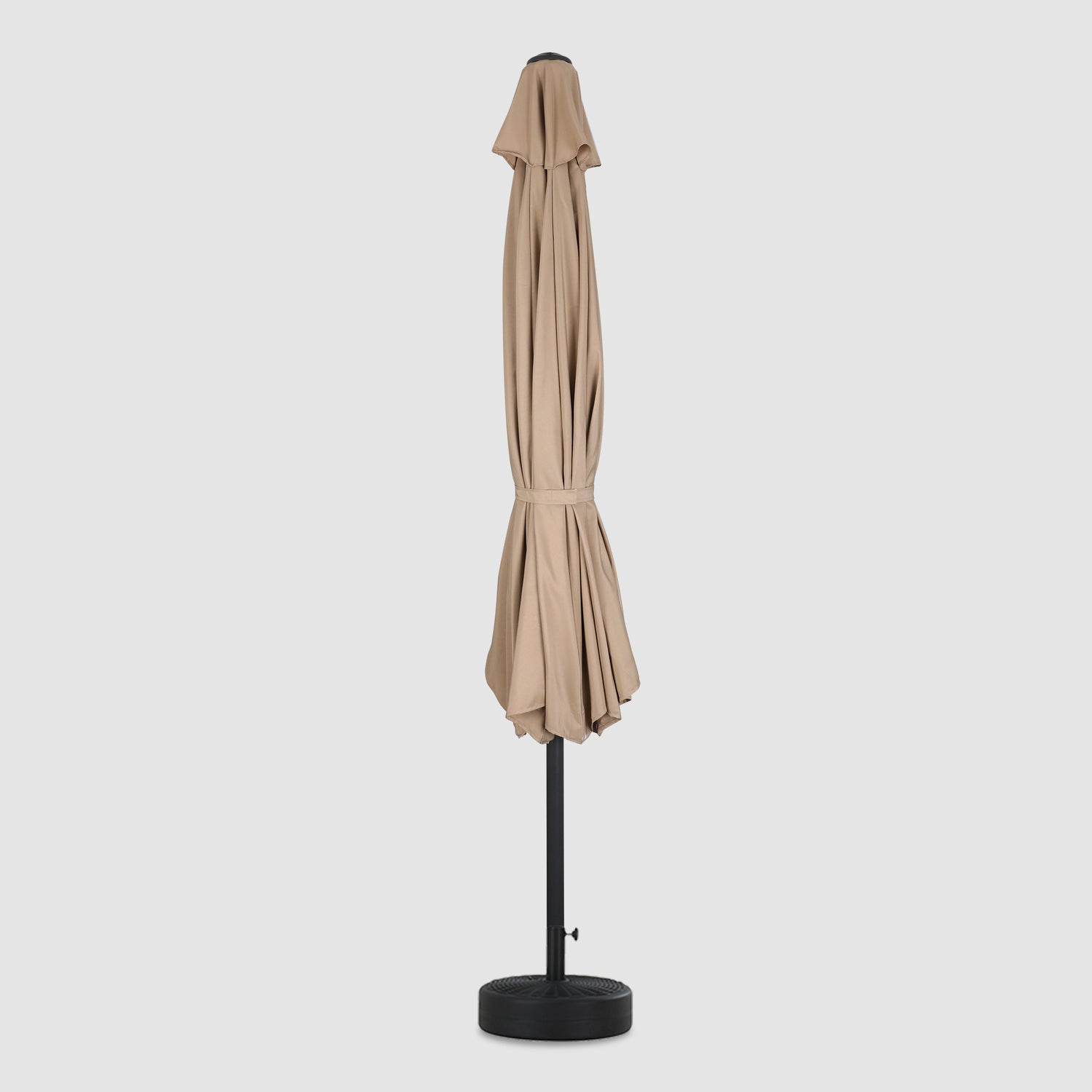 Rectangular Patio Parasol Umbrella in khaki, viewed from the front, with the umbrella folded into a strip.