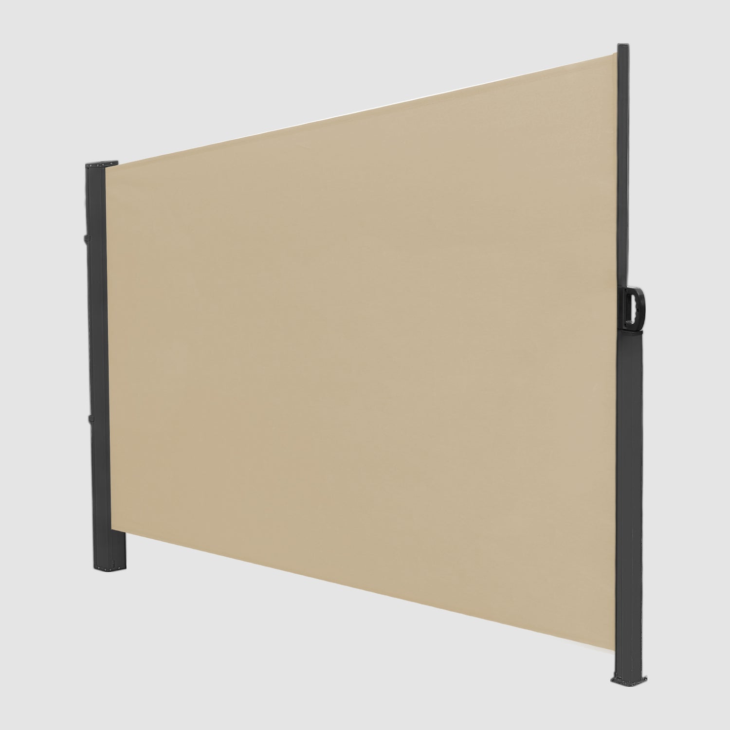Khaki Extendible Side Pull Awning that is fully open and tilted at an angle when viewed from the front.