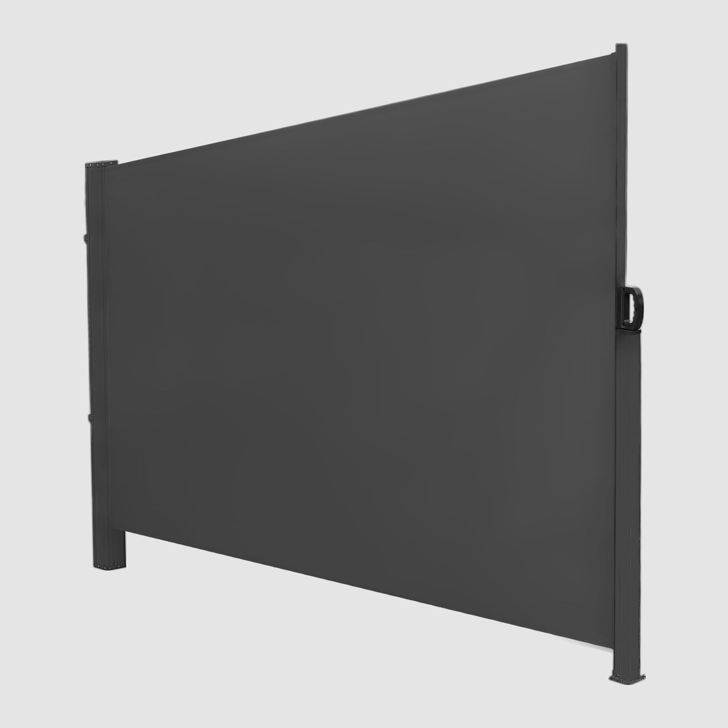 Black Extendible Side Pull Awning that is fully open and tilted at an angle when viewed from the front.