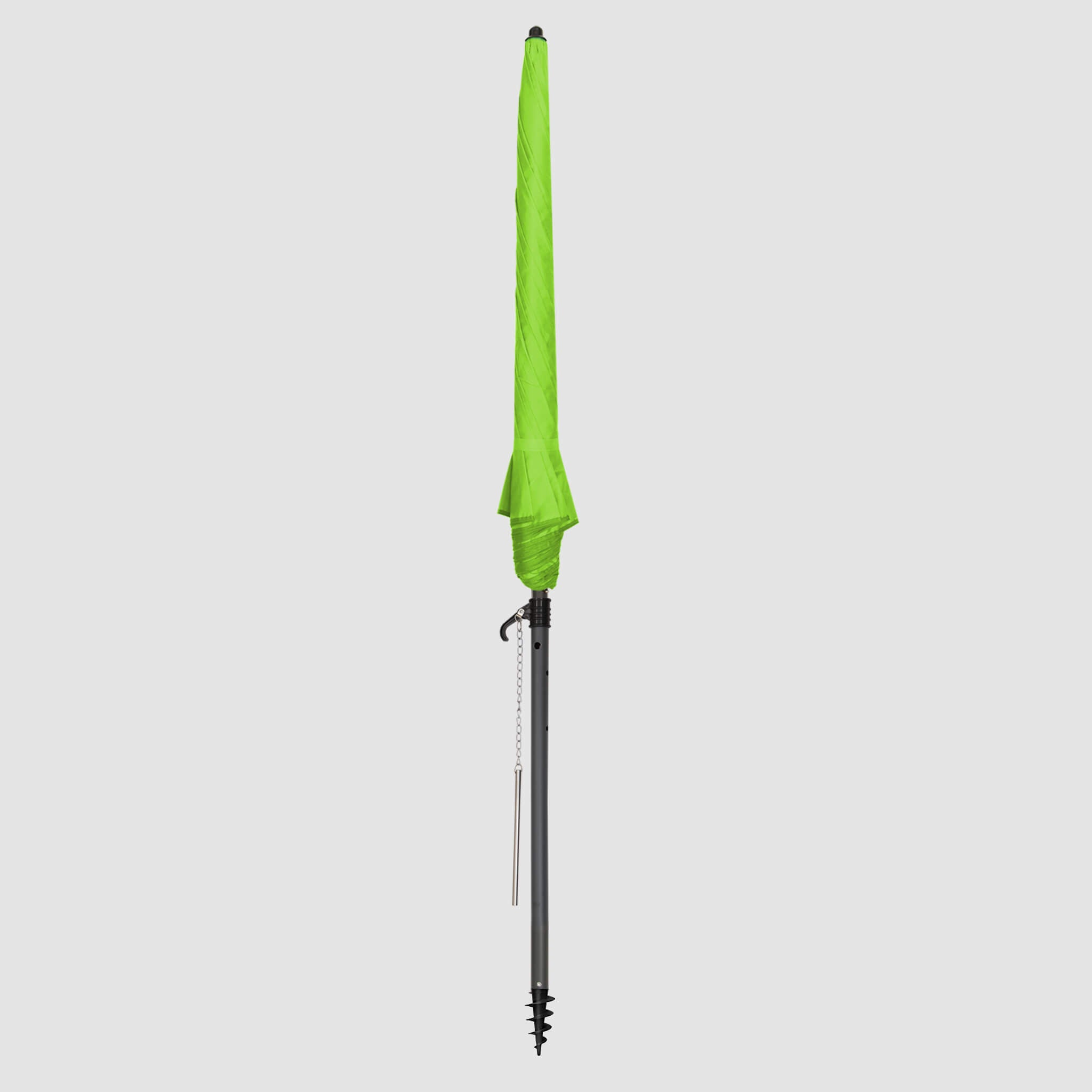 High-quality, durable Apple Green beach umbrellas Frontal view when closed up into a strip
