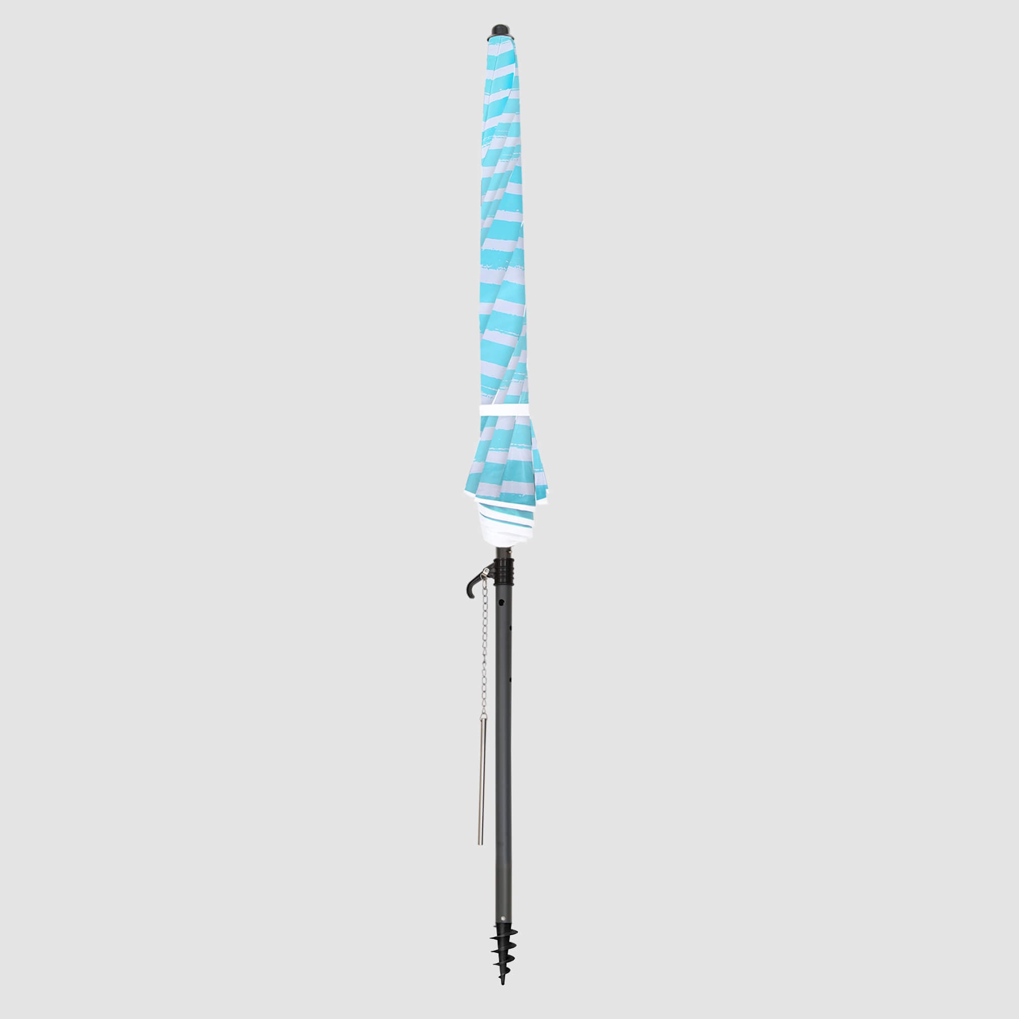 High-quality, durable Turquoise White stripes beach umbrellas Frontal view when closed up into a strip