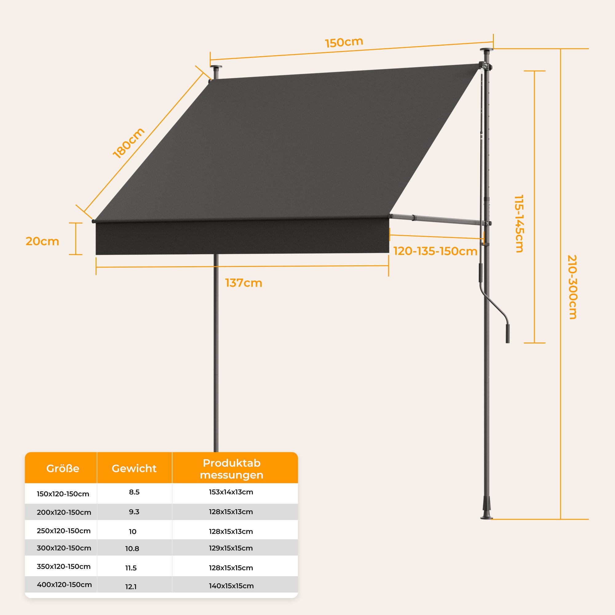 Einziehbare Klemmmarkise für Balkon mit Handkurbel manuell