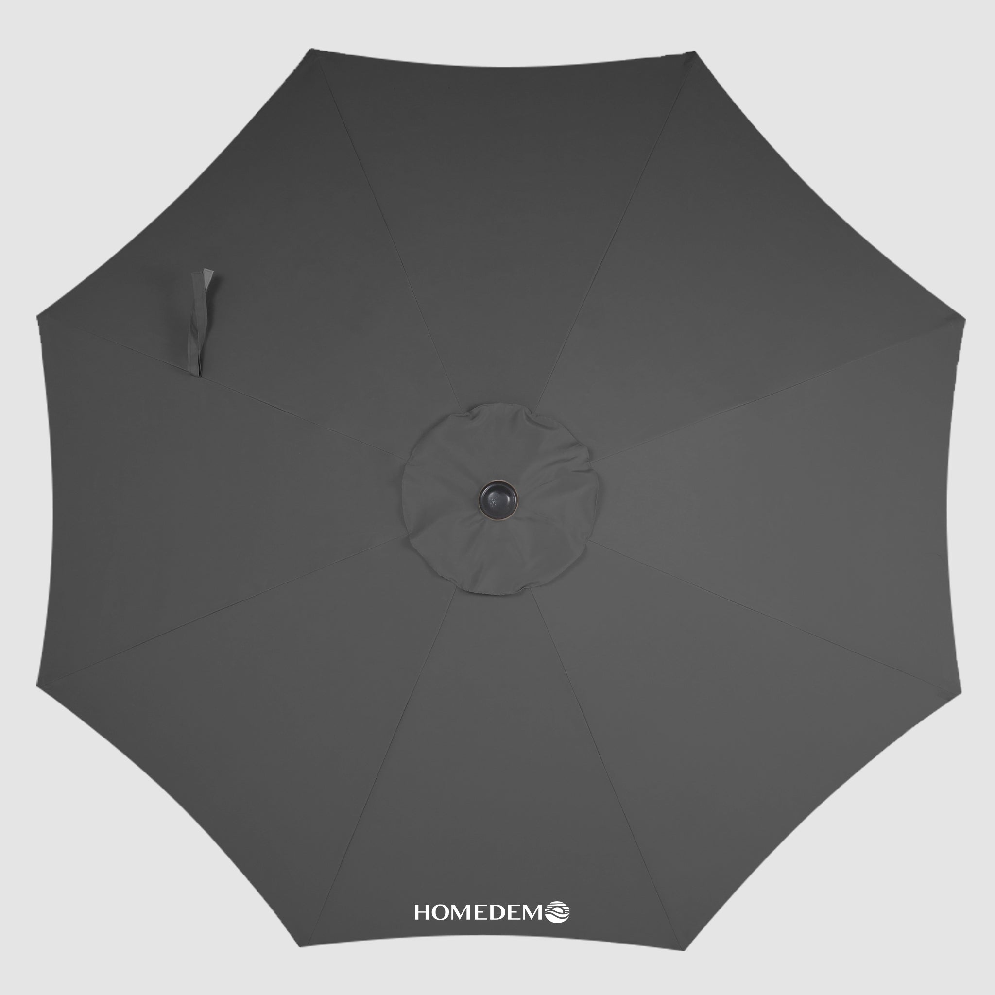Top view, fully opened Umbrella surface of a high quality, durable Dark Grey patio umbrella with a windproof hood.