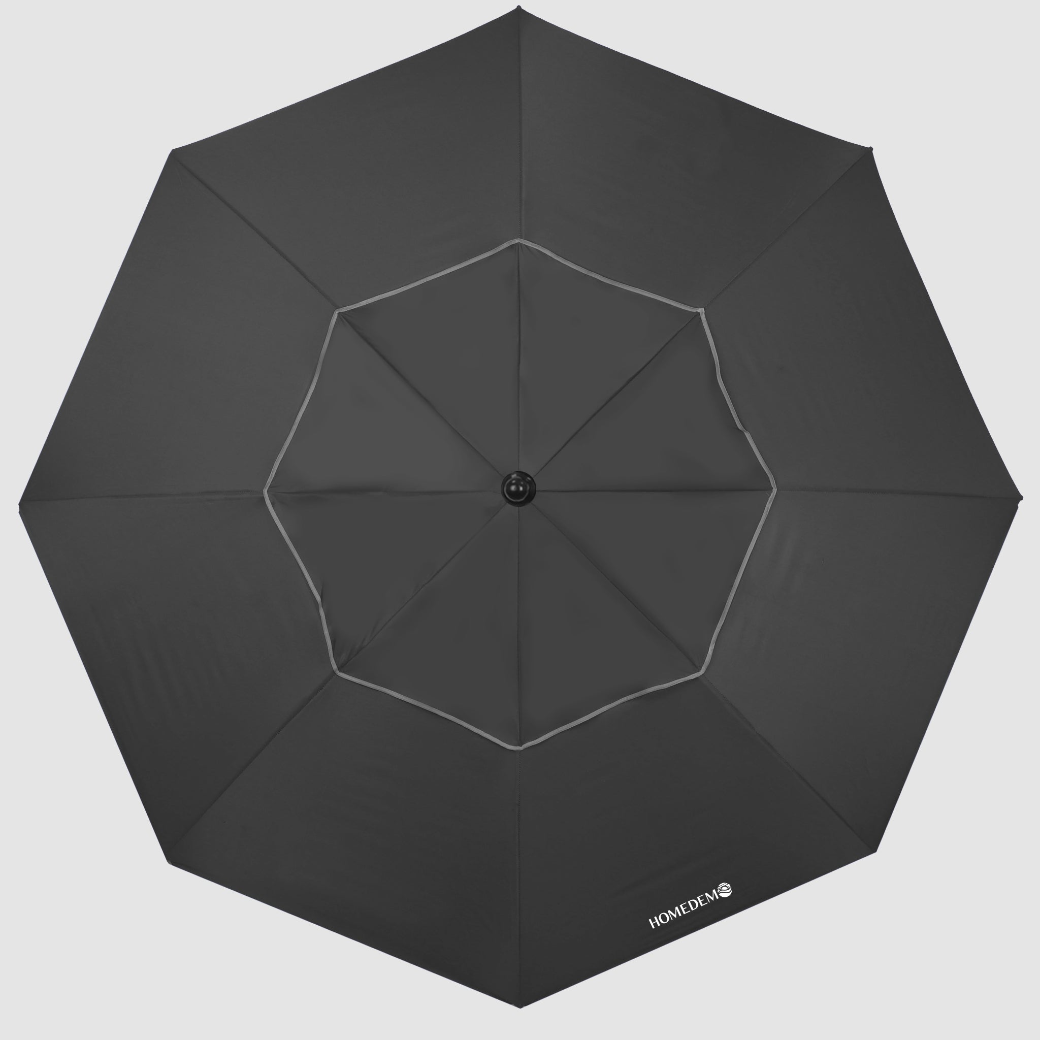 High-quality, durable Black collapsible beach umbrella, the entire umbrella as seen from the view from above
