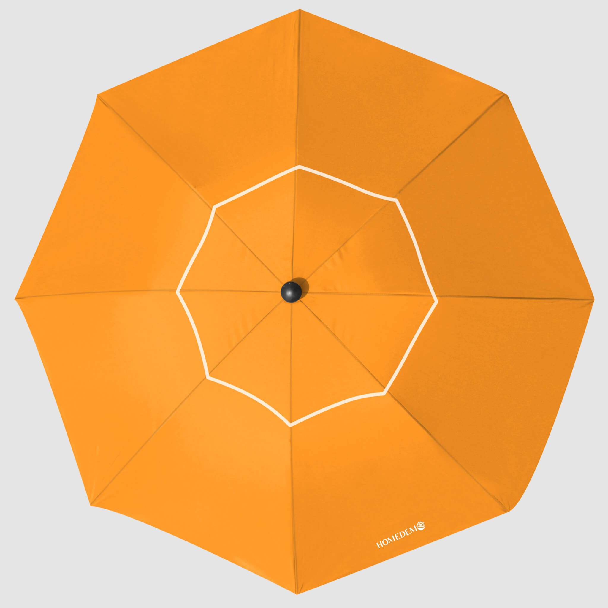 High-quality, durable Orange beach umbrella Top view shows the entire umbrella and the black cap.