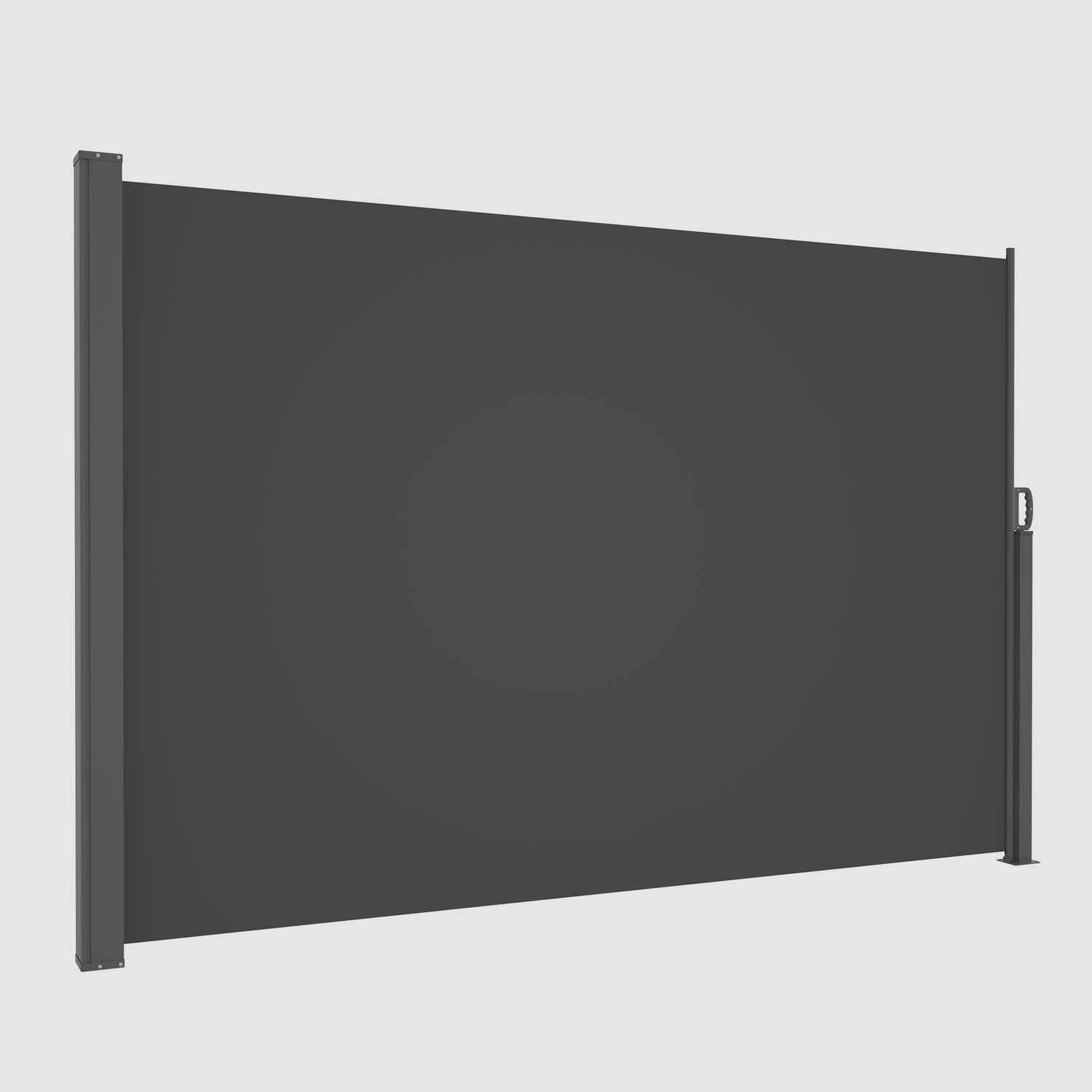 Black Extendible Side Pull Awning that is fully open and tilted at an angle when viewed from the front.