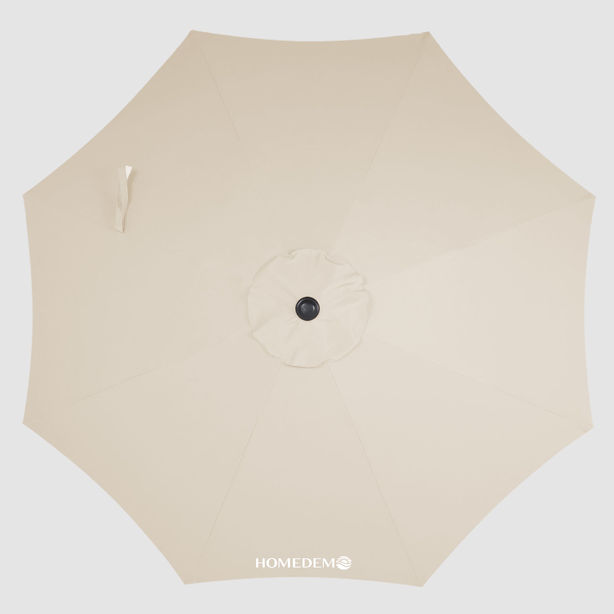 Top view, fully opened Umbrella surface of a high quality, durable Beige patio umbrella with a windproof hood.