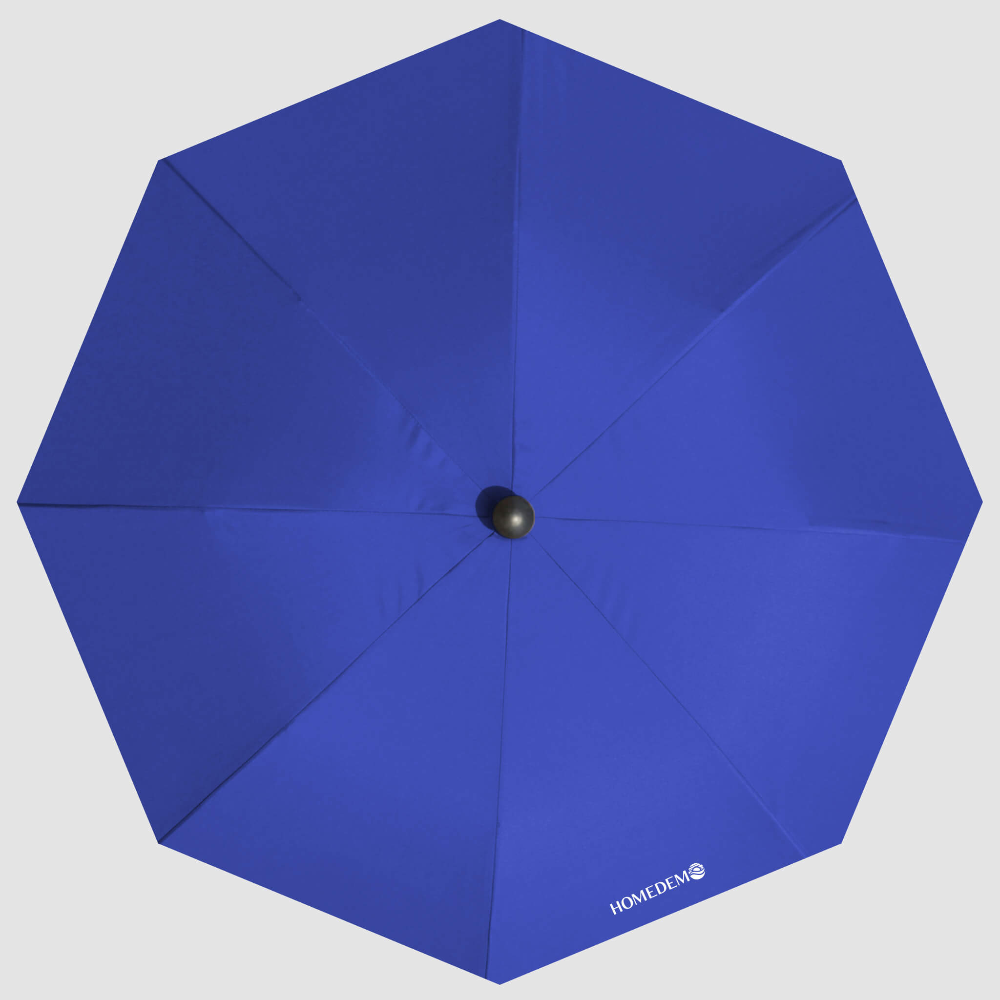 High-quality, durable Blue beach umbrella Top view shows the entire umbrella and the black cap.