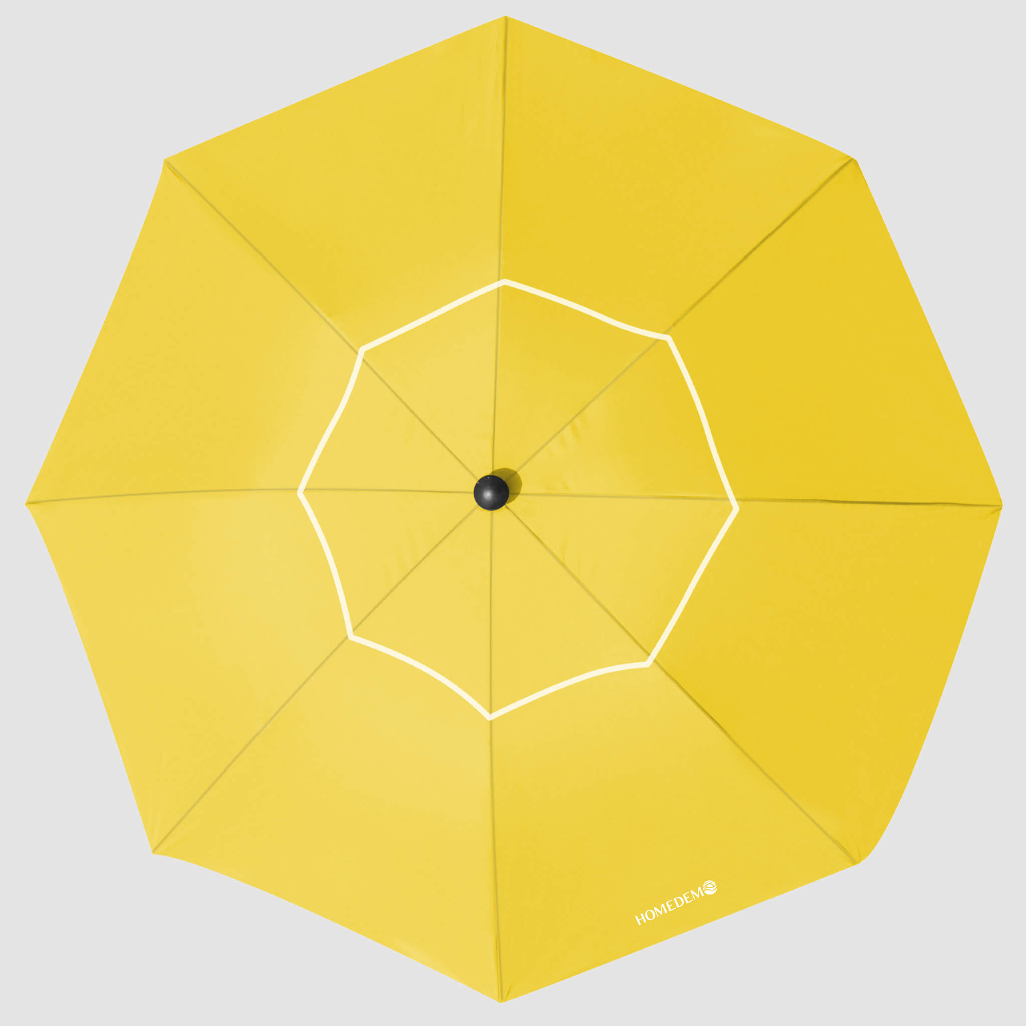 High-quality, durable Yellow beach umbrella Top view shows the entire umbrella and the black cap.