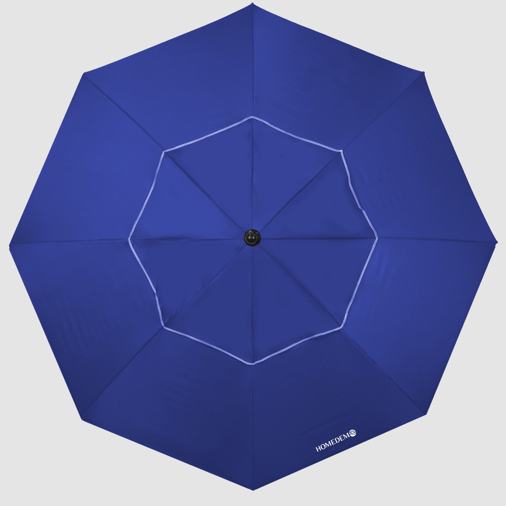 High-quality, durable Blue collapsible beach umbrella, the entire umbrella as seen from the view from above
