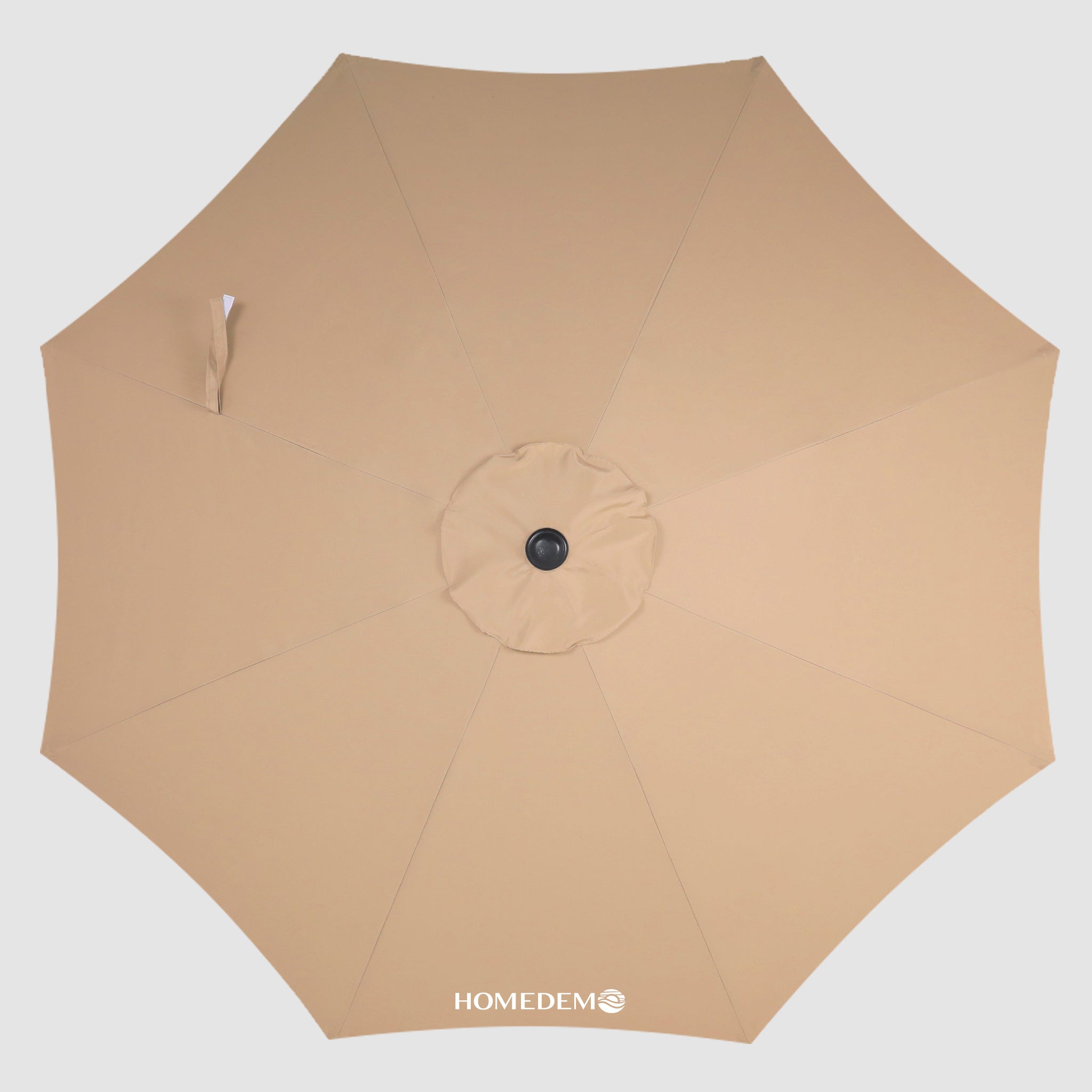 Top view, fully opened Umbrella surface of a high quality, durable Khaki patio umbrella with a windproof hood.