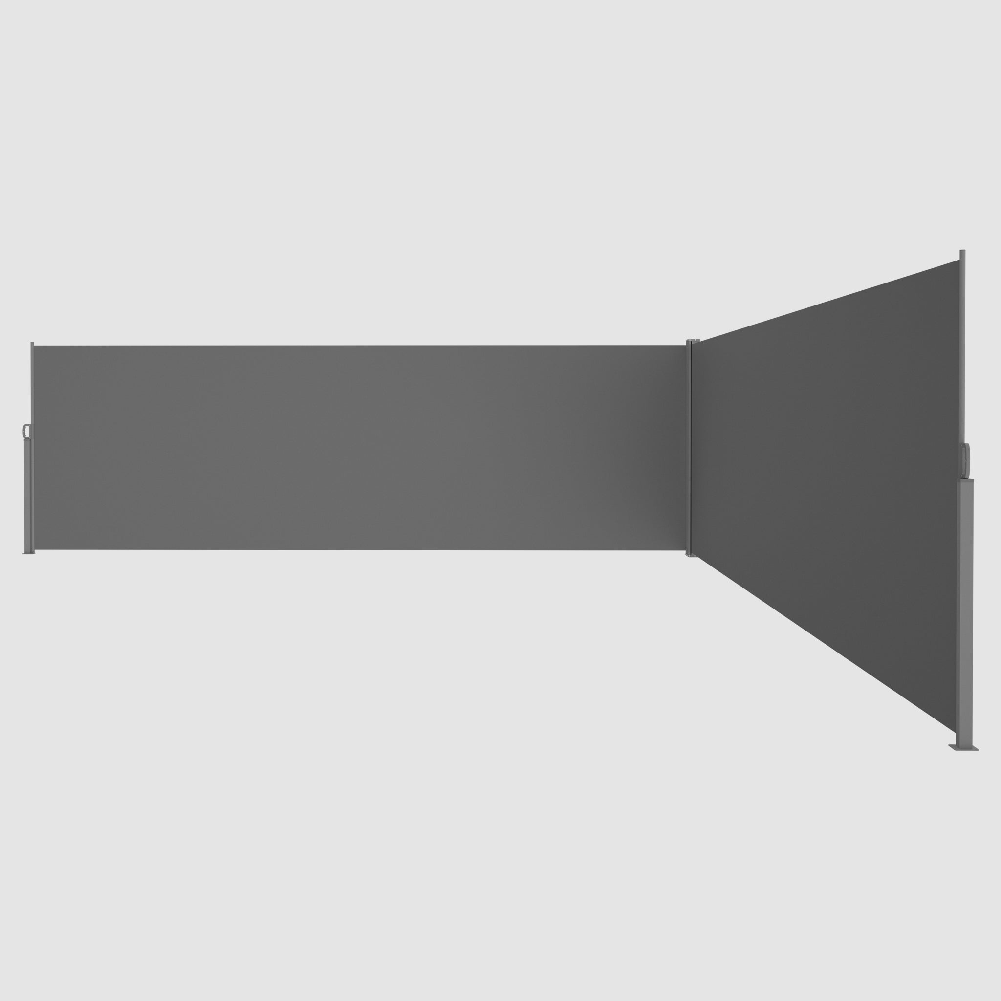 Extendable dual side-pull sliding awning that fully pulls away and folds to a tilt angle when viewed from the inside front.