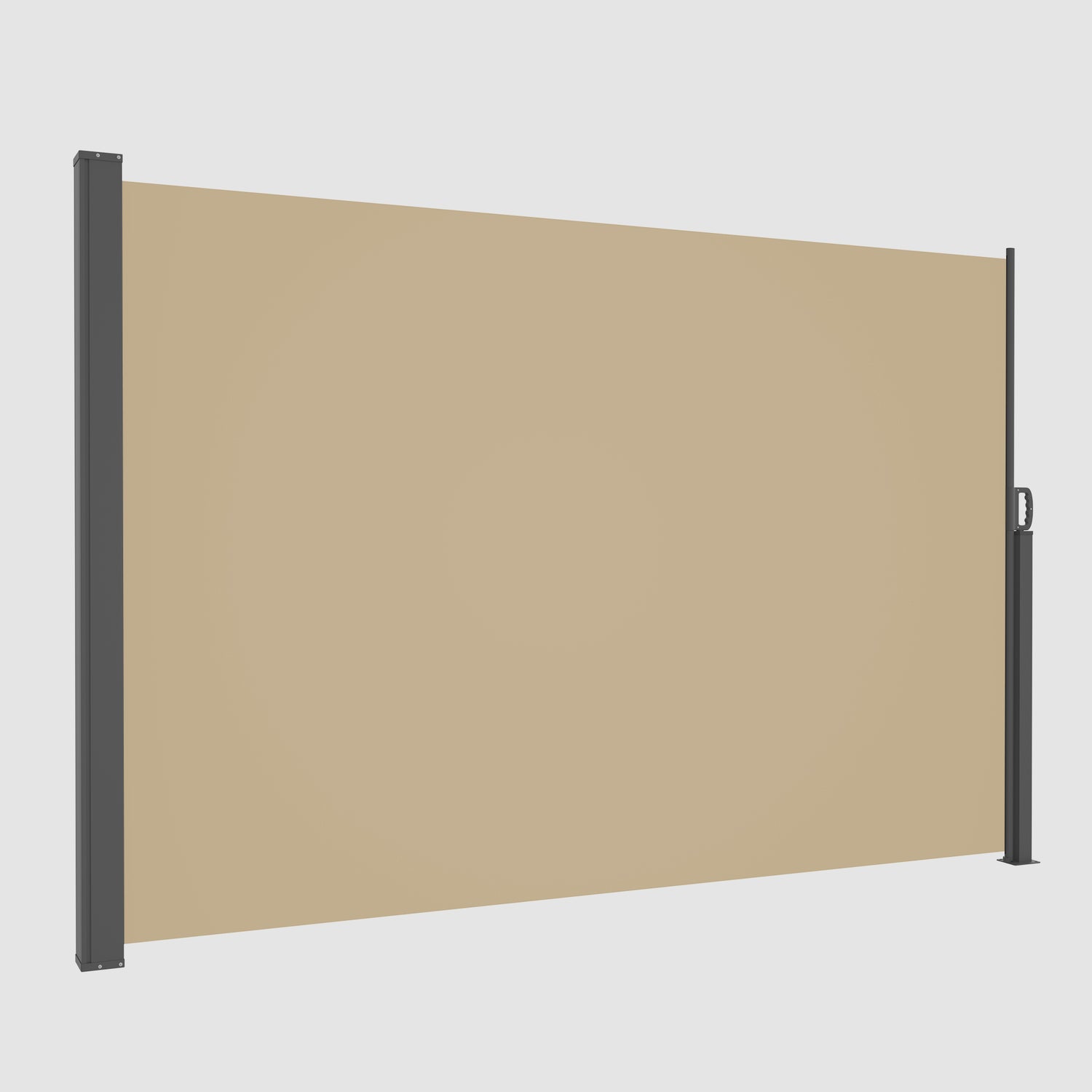Khaki Extendible Side Pull Awning that is fully open and tilted at an angle when viewed from the front.