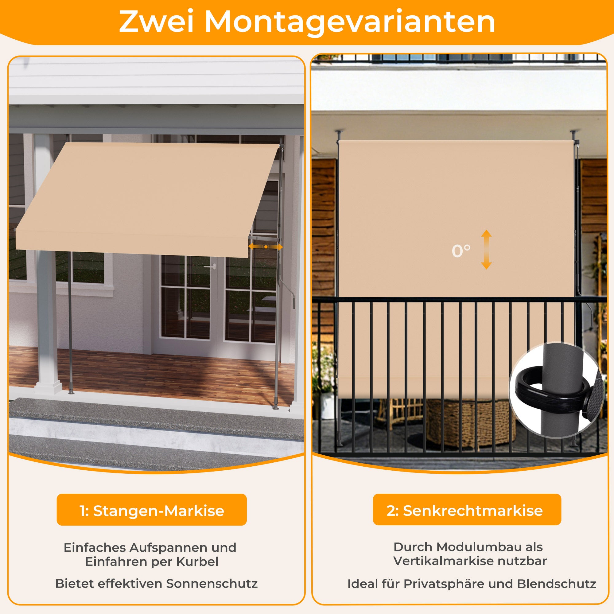 Einziehbare Klemmmarkise für Balkon mit Handkurbel manuell