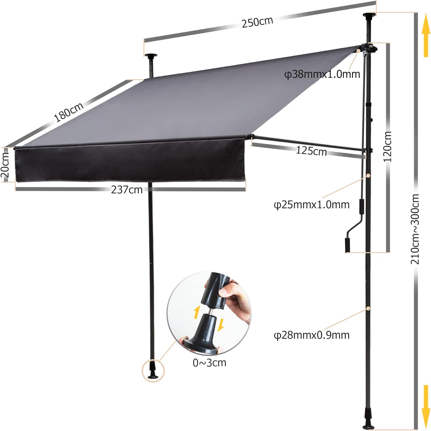 Klemmmarkise für Balkon mit Handkurbel manuell