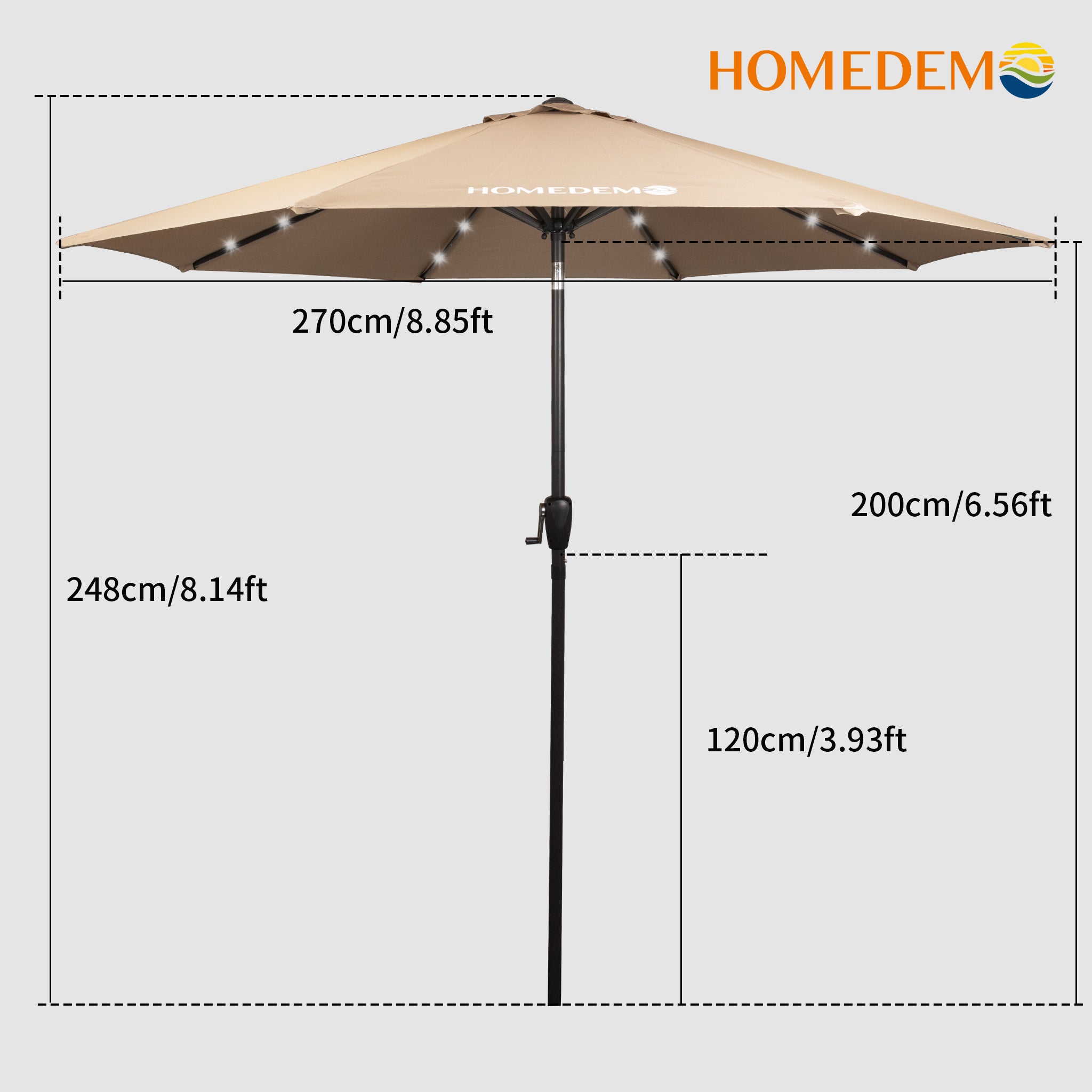 A positive view of the umbrella can see the umbrella surface, umbrella height of 248cm, open diameter of 270cm, the best khaki colour patio umbrella