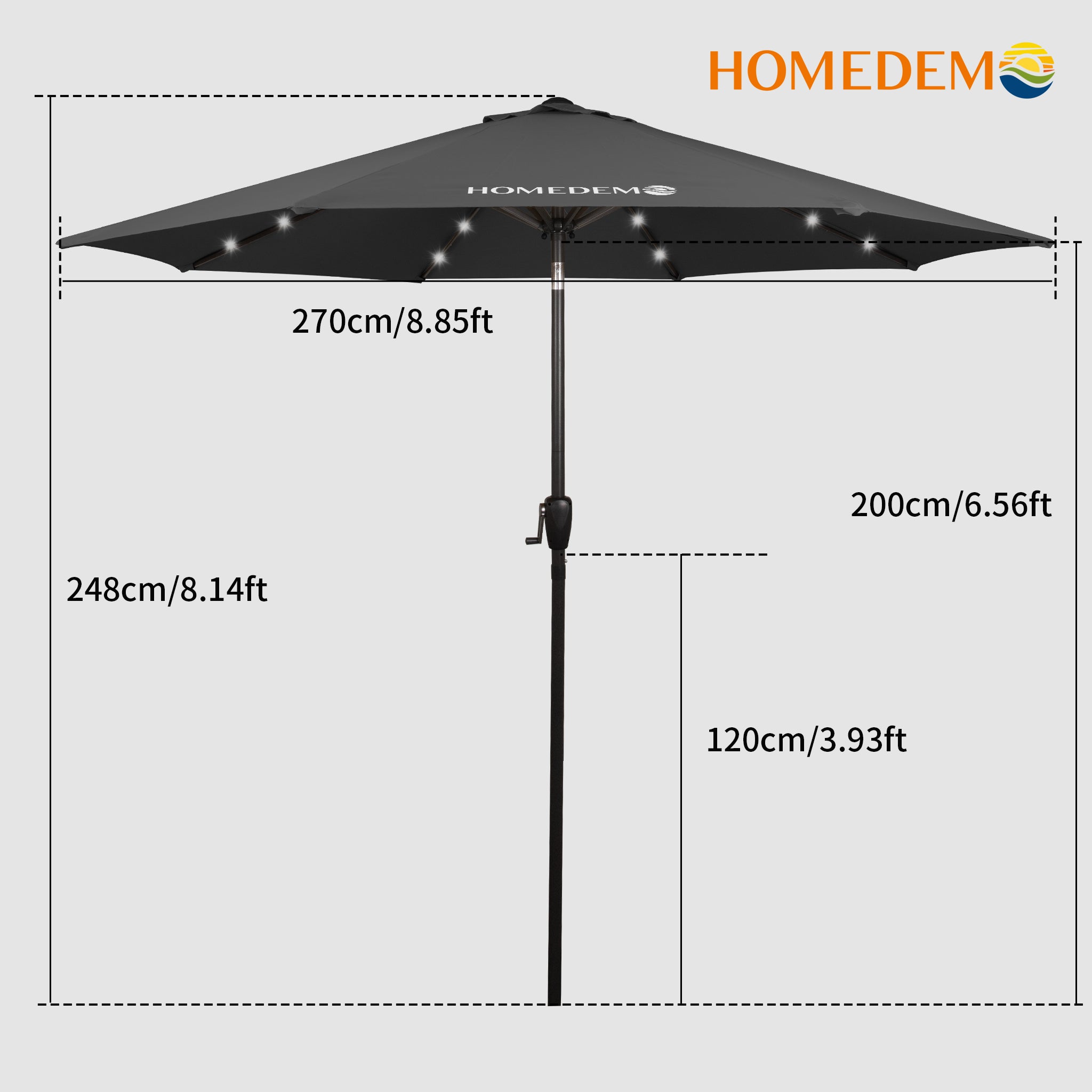 A positive view of the umbrella can see the umbrella surface, umbrella height of 248cm, open diameter of 270cm, the best black colour patio umbrella