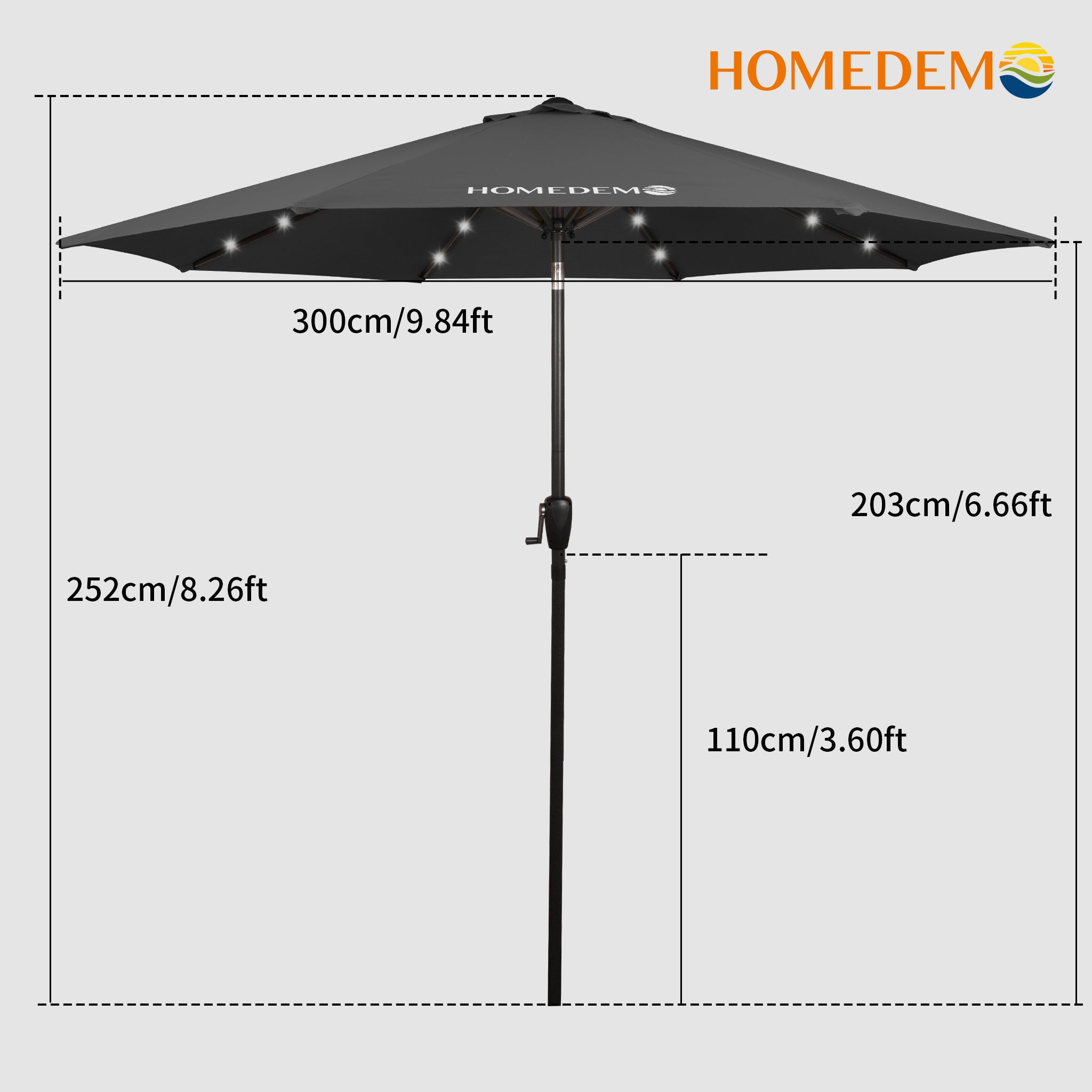 A positive view of the umbrella can see the umbrella surface, umbrella height of 252cm, open diameter of 300cm, the best black colour patio umbrella
