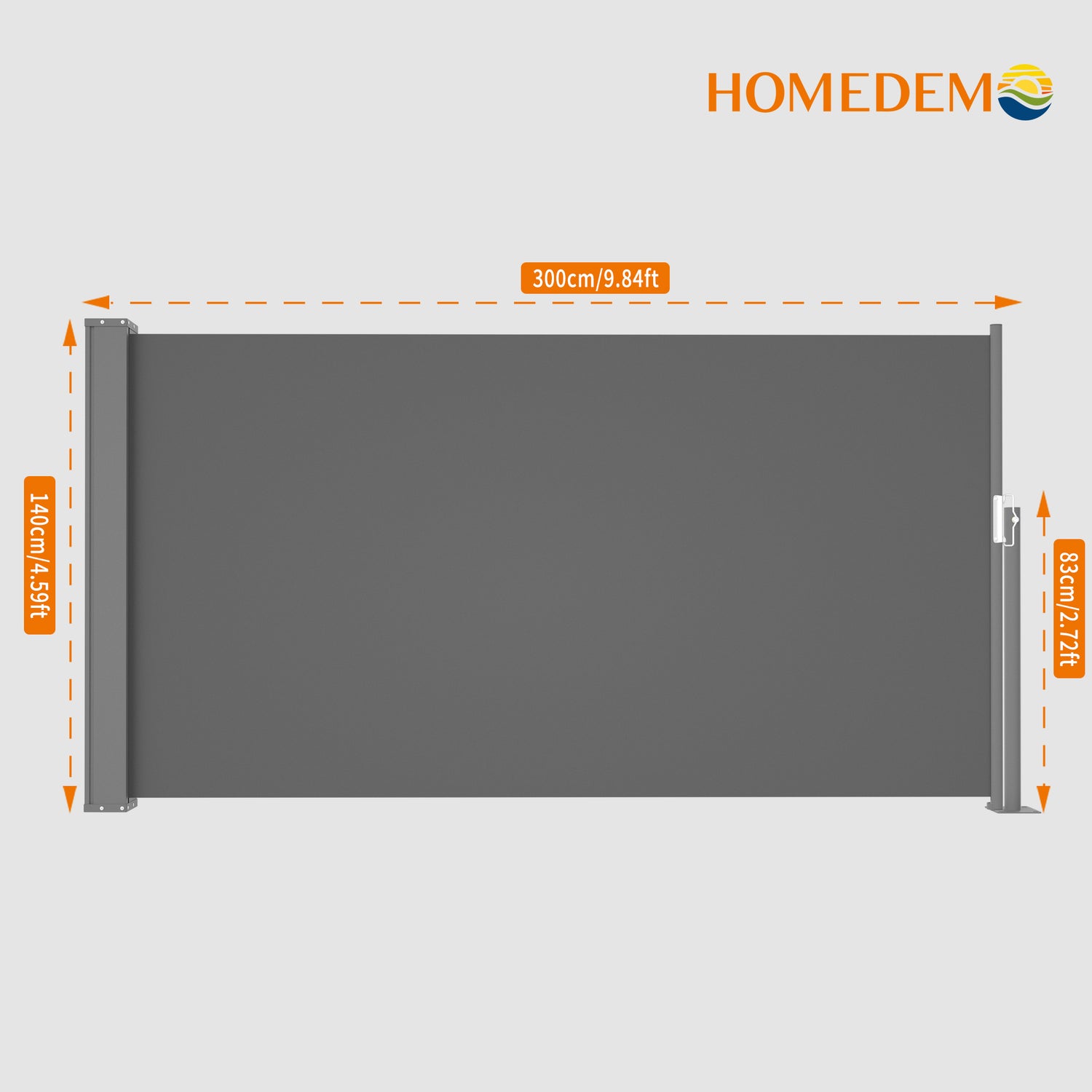 Dark grey retractable side-pull awning, fully retracted when viewed from the front, length 300 cm, height 140 cm, height of pull 83 cm