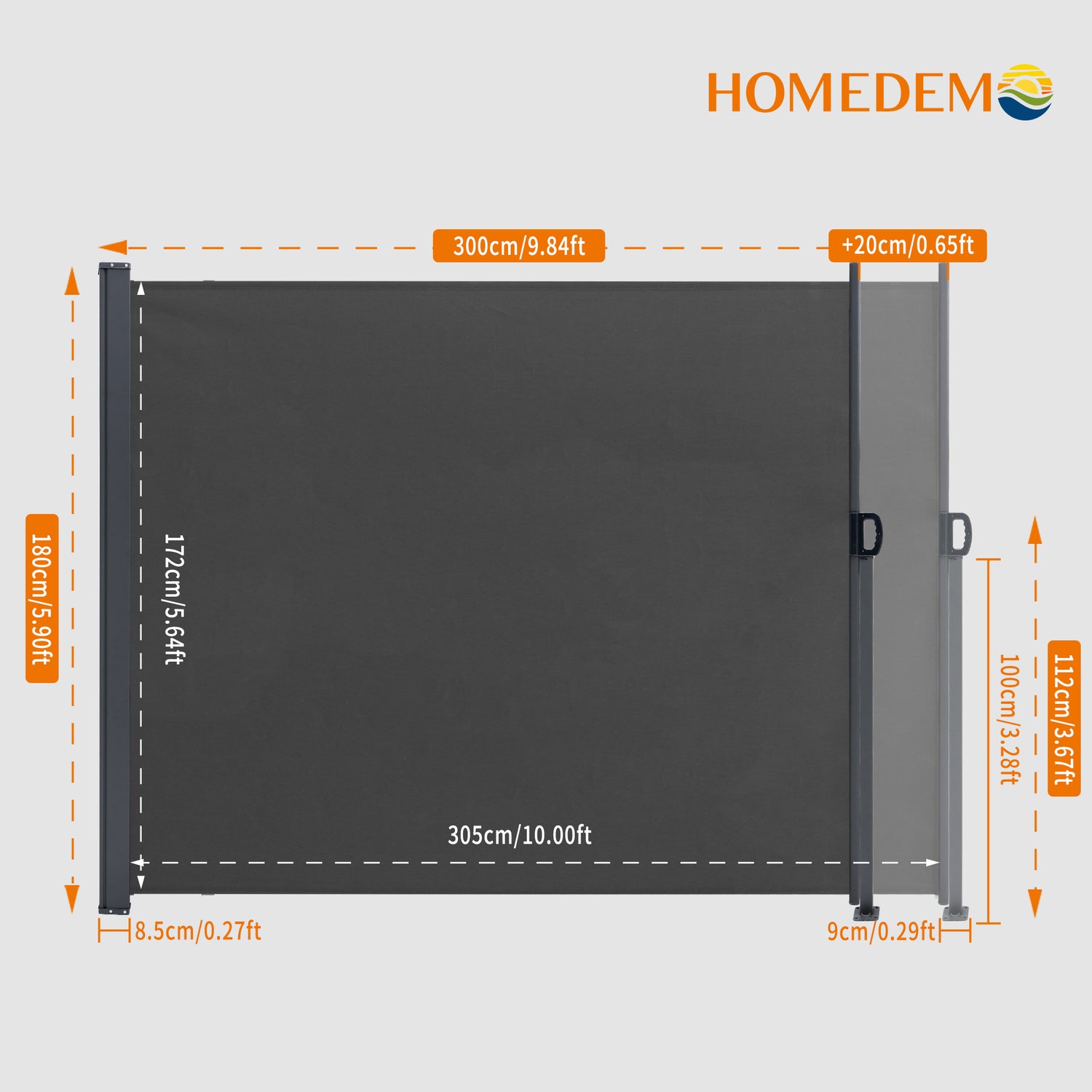 Dark grey retractable side-pull awning, fully retractable when viewed from the front, length 300 cm, with 20 cm adjustable extension, height 180 cm, trolley height 112 cm.