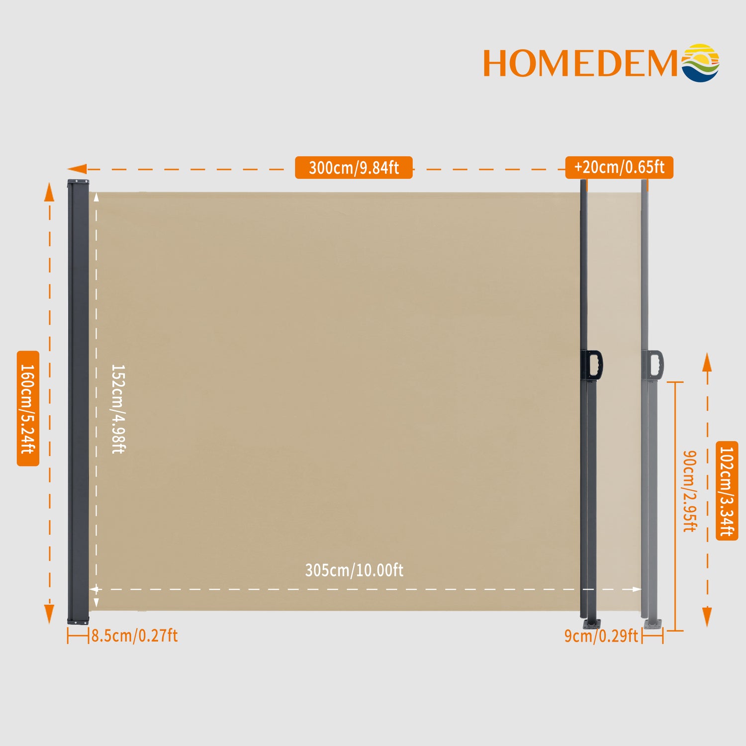 Retractable side-pull awning in khaki, fully retractable when viewed from the front, length 300 cm, with 20 cm adjustable extension, height 160 cm, height of poles 102 cm.
