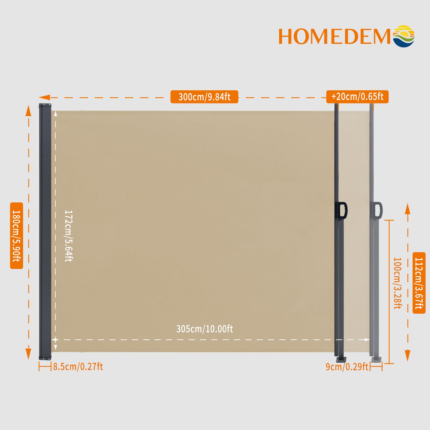 Retractable side-pull awning in khaki, fully retractable when viewed from the front, length 300 cm, with 20 cm adjustable extension, height 180 cm, height of drawbar 112 cm.