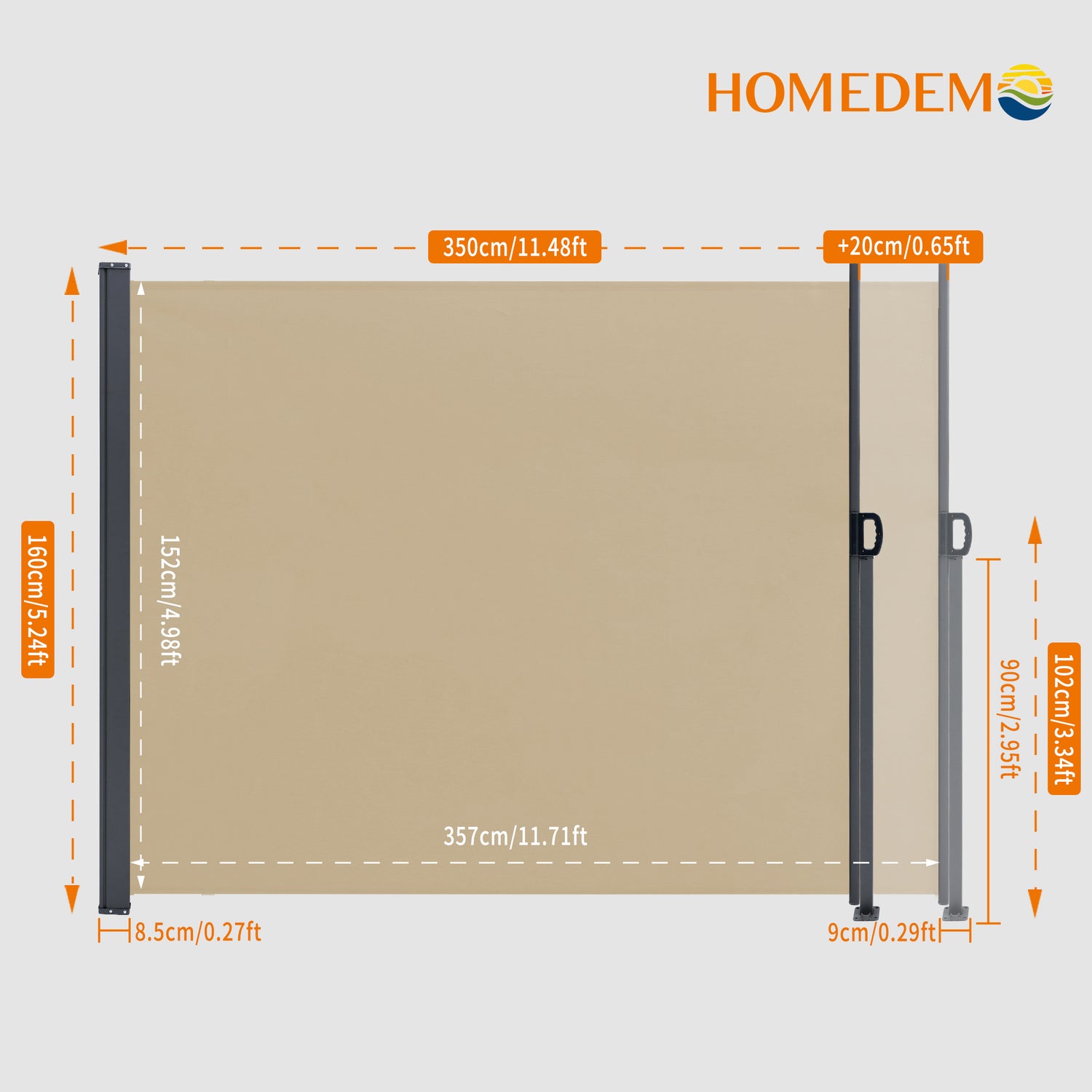 Retractable side-pull awning in khaki, fully retractable when viewed from the front, length 350 cm, with 20 cm adjustable extension, height 160 cm, height of poles 102 cm.