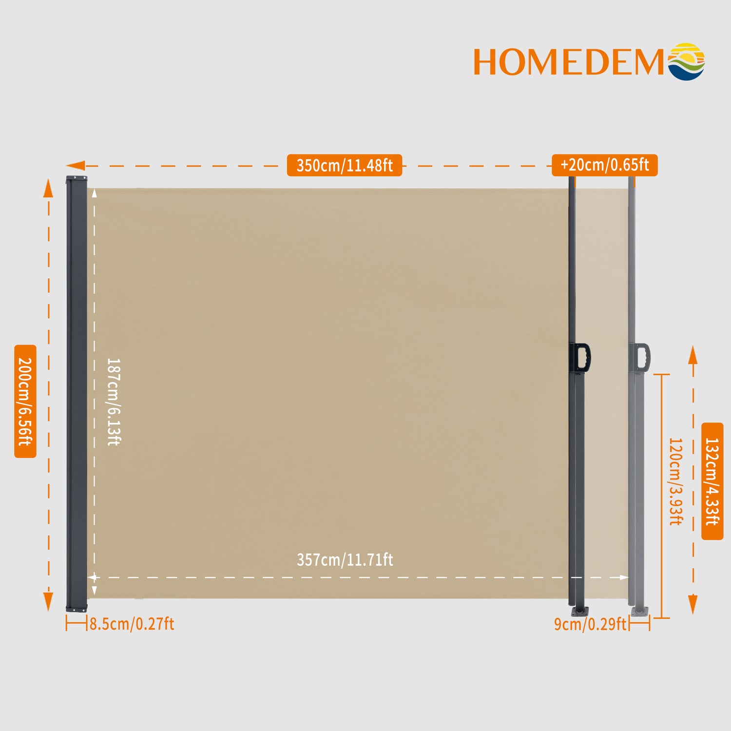 Retractable side-pull awning in khaki colour, fully retracted when viewed from the front, length 350 cm, with 20 cm adjustable extension, height 200 cm, height of pulling rod 132 cm.