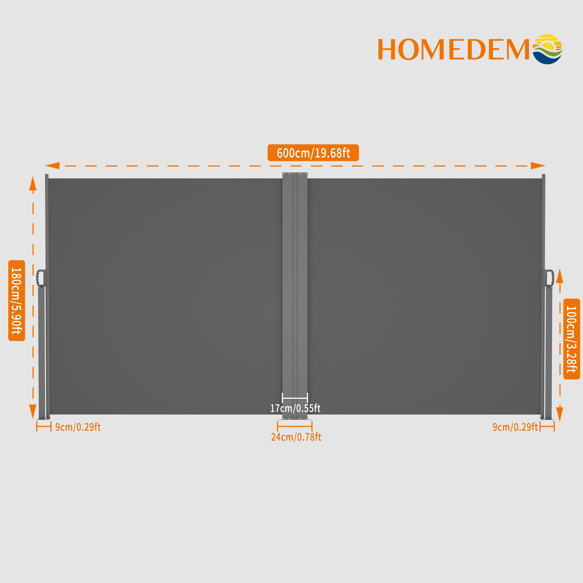 From the front, fully opened Dark Grey Extendible Double Side Pull Awning, length 600cm, height 180cm