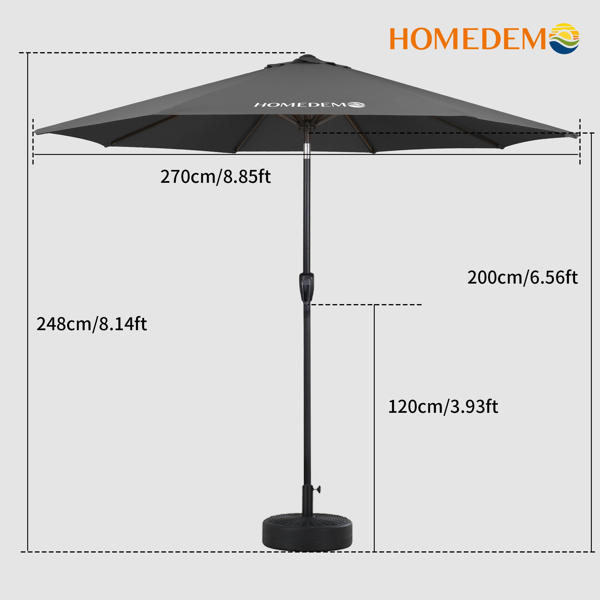 The quality Dark Grey patio umbrella is 248cm high and has an opening diameter of 270cm.