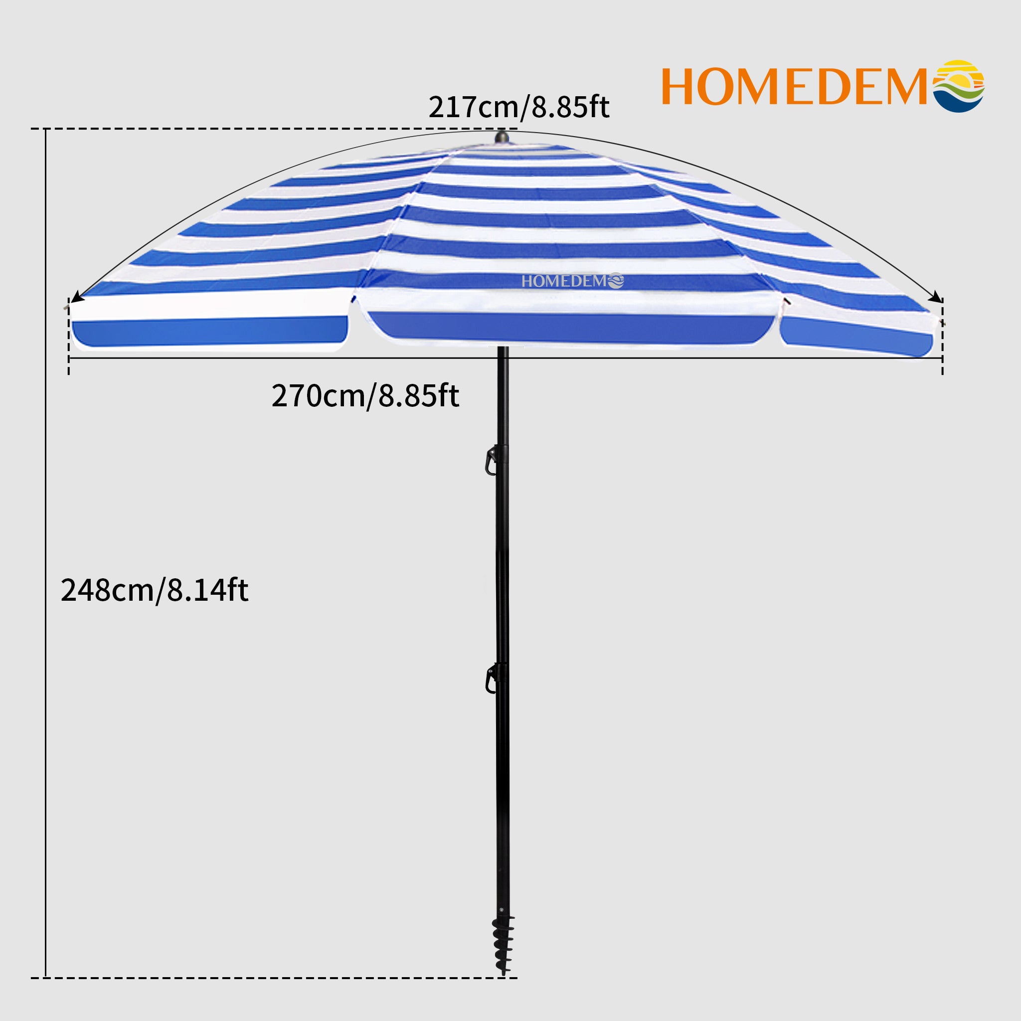 High-quality, durable Blue-White Stripes collapsible beach umbrella, the entire umbrella as seen from the view from above